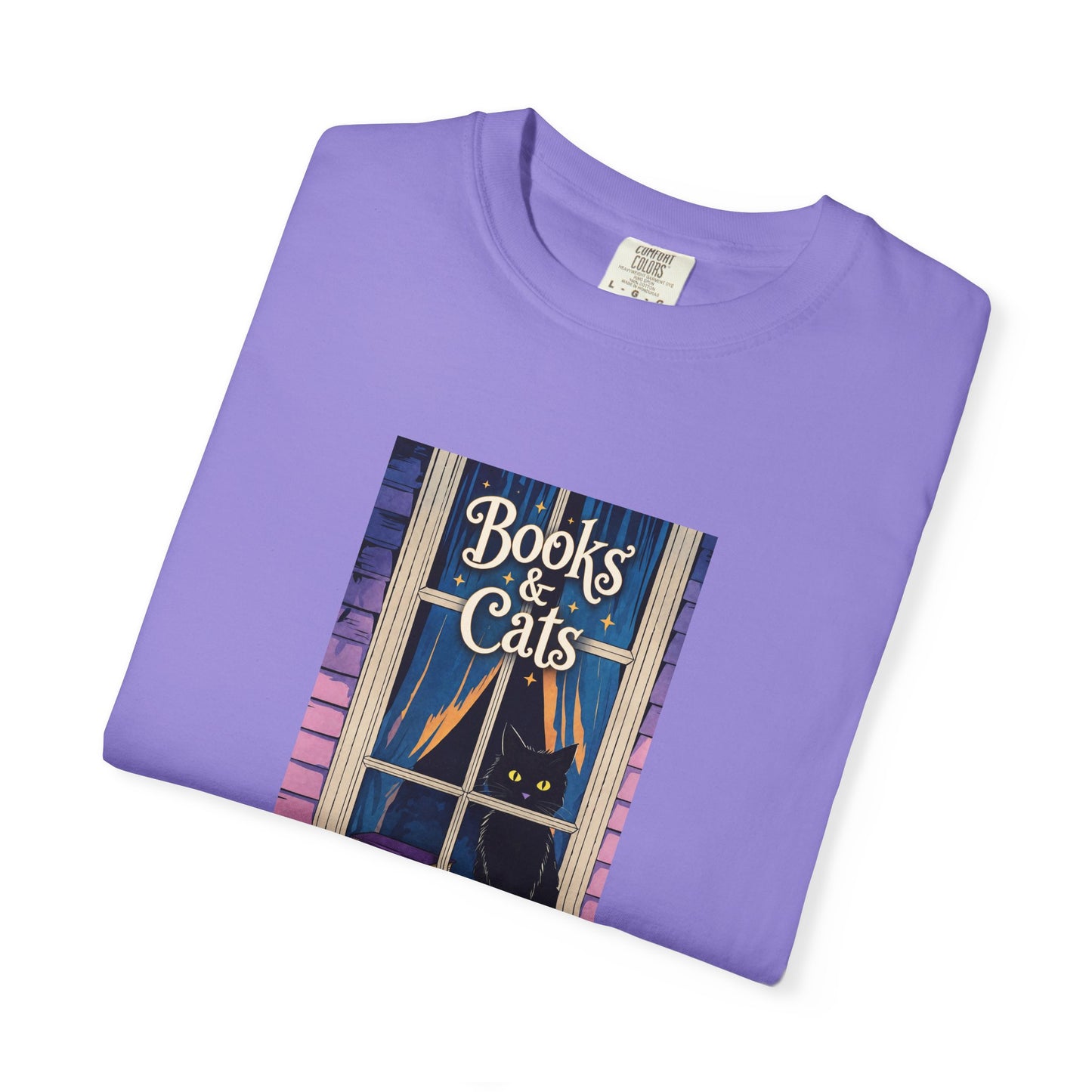 "Books & Cats" T-Shirt — Cozy Bookshop Window Graphic Tee