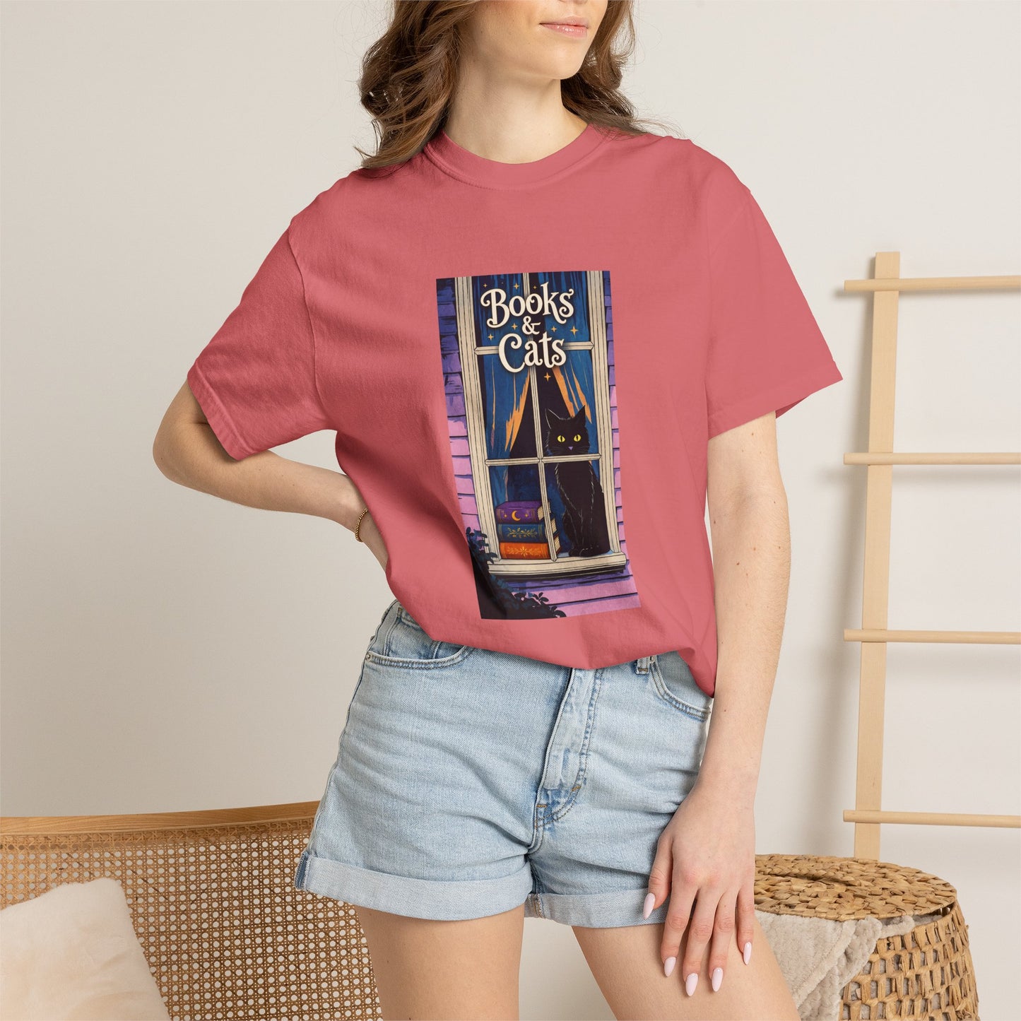 "Books & Cats" T-Shirt — Cozy Bookshop Window Graphic Tee