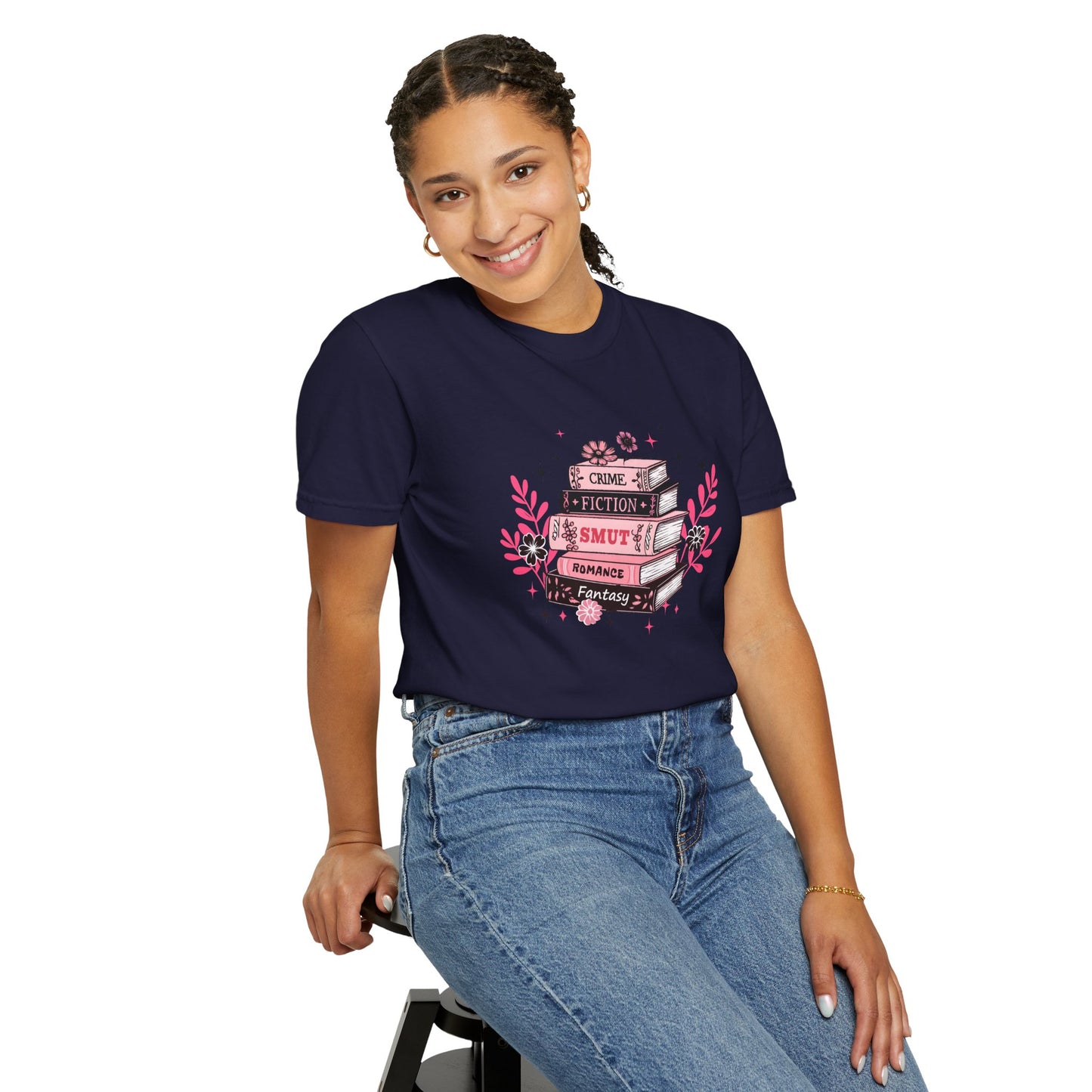Book Stack Graphic T-Shirt — Cute Floral Reading Shirt (Crime, Fiction, Smut, Romance)