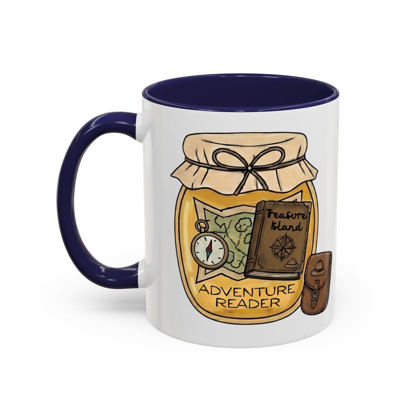 "Adventure Reader" Accent Coffee Mug — Bookish Travel Compass & Treasure Jam Jar Design