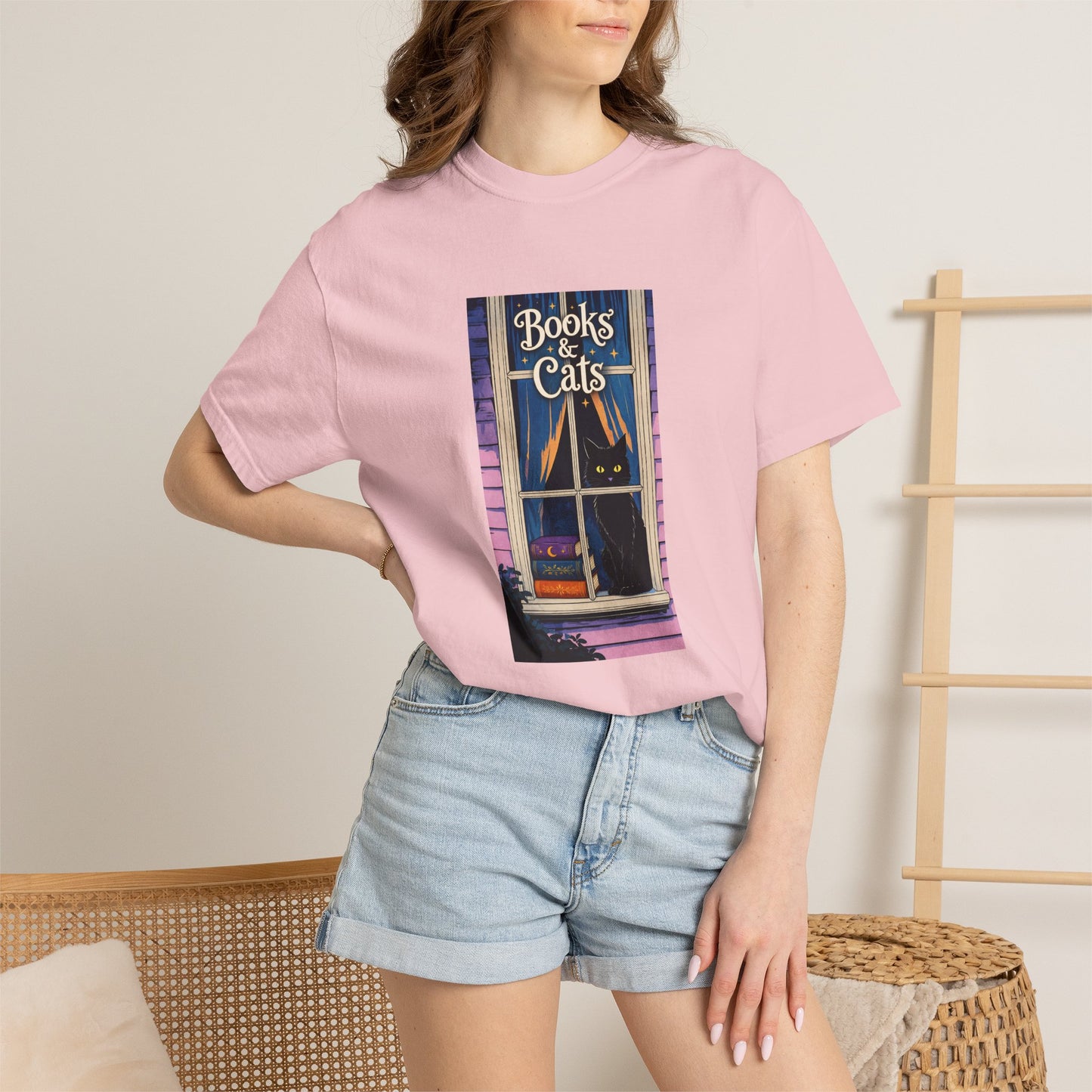 "Books & Cats" T-Shirt — Cozy Bookshop Window Graphic Tee