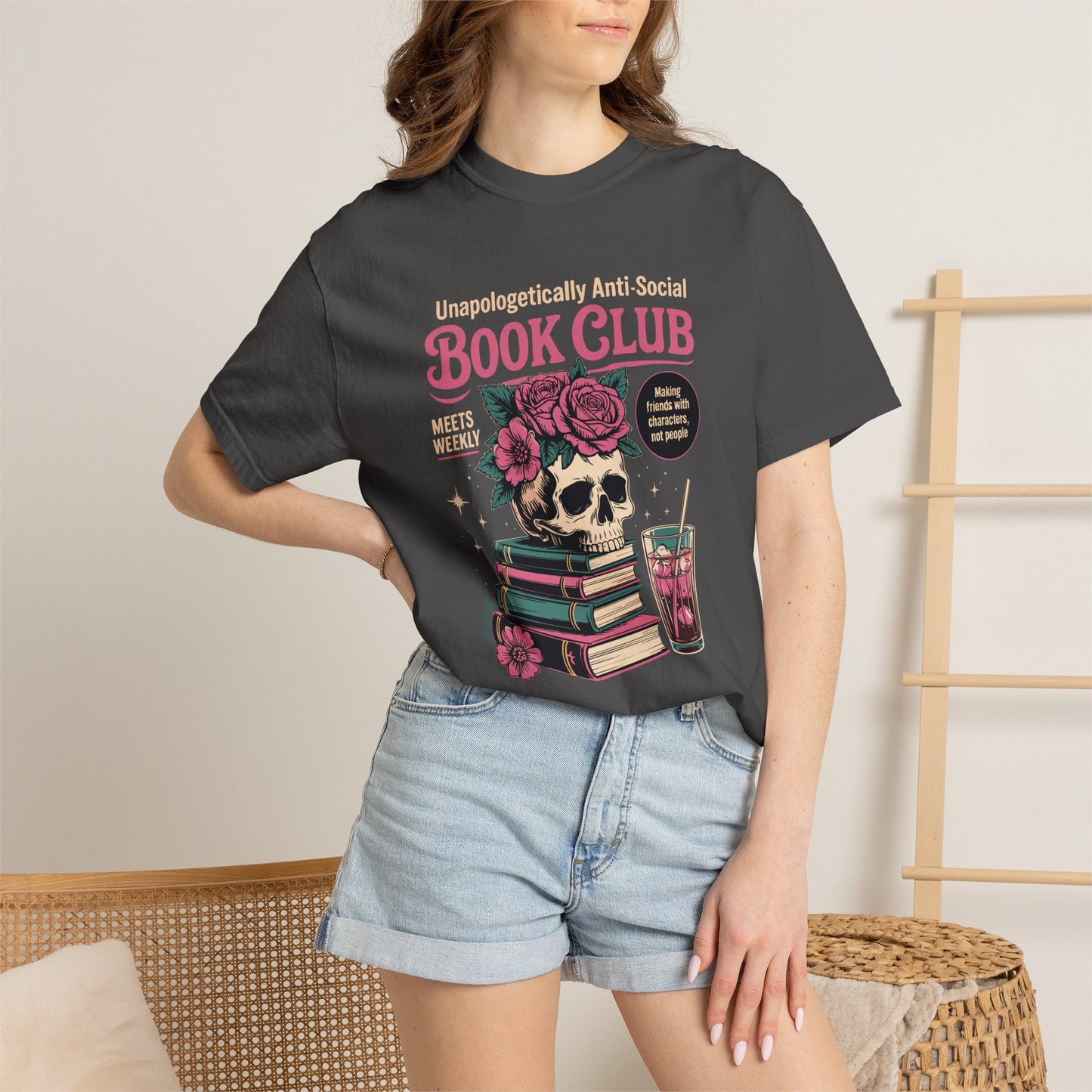 "Unapologetically Anti-Social Book Club" T-Shirt — Skull & Books Graphic Tee for Avid Readers
