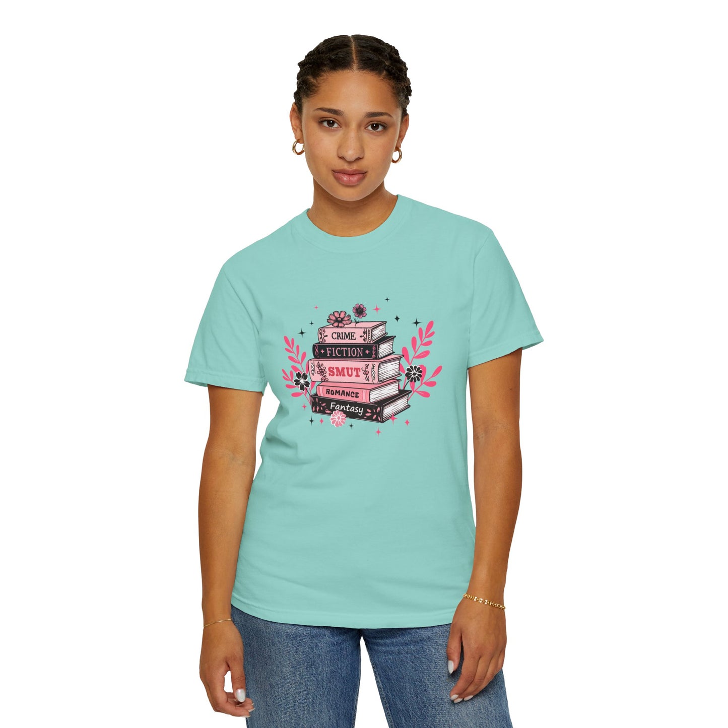 Book Stack Graphic T-Shirt — Cute Floral Reading Shirt (Crime, Fiction, Smut, Romance)