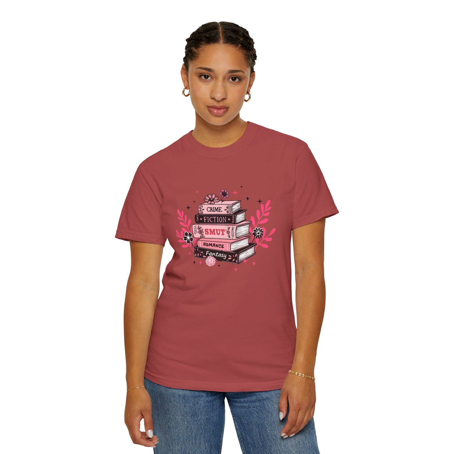 Book Stack Graphic T-Shirt — Cute Floral Reading Shirt (Crime, Fiction, Smut, Romance)