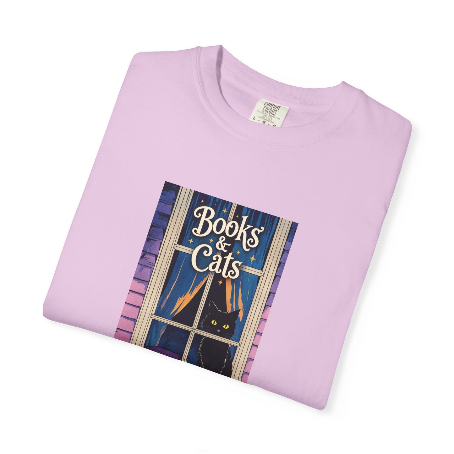 "Books & Cats" T-Shirt — Cozy Bookshop Window Graphic Tee
