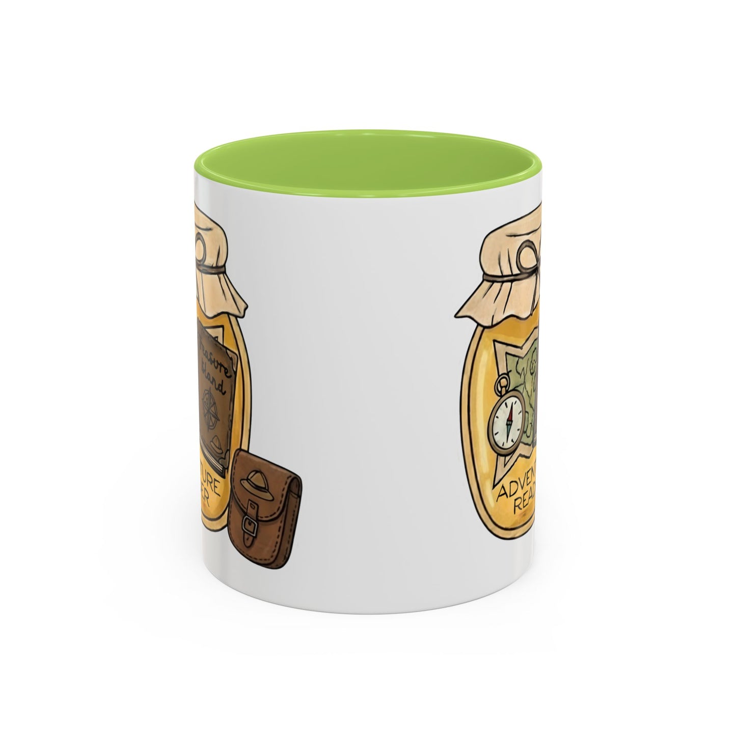 "Adventure Reader" Accent Coffee Mug — Bookish Travel Compass & Treasure Jam Jar Design