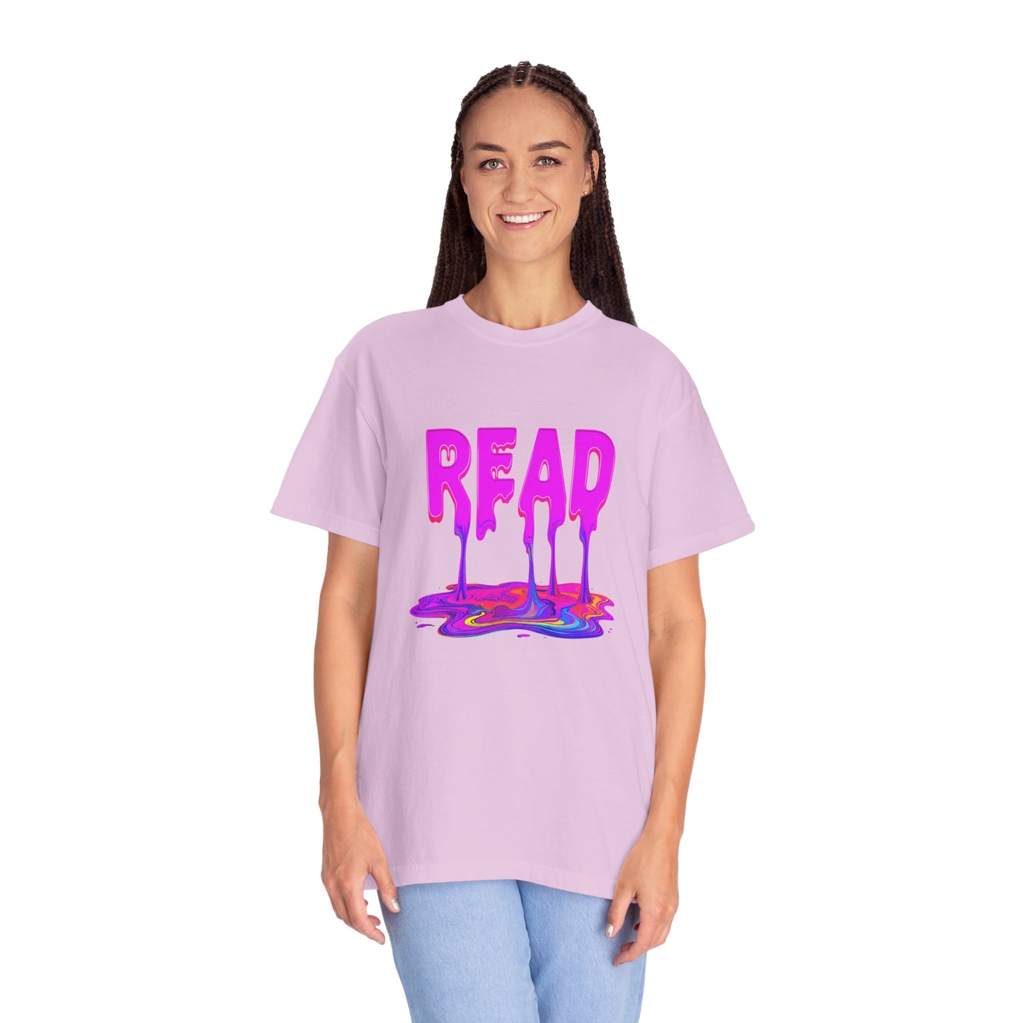 "READ" Dripping Graphic T-Shirt — Psychedelic Melting Book Design