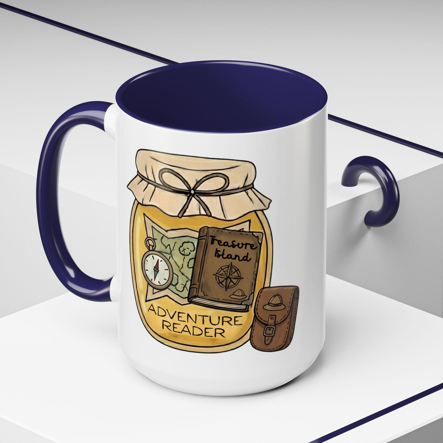 "Adventure Reader" Accent Coffee Mug — Bookish Travel Compass & Treasure Jam Jar Design