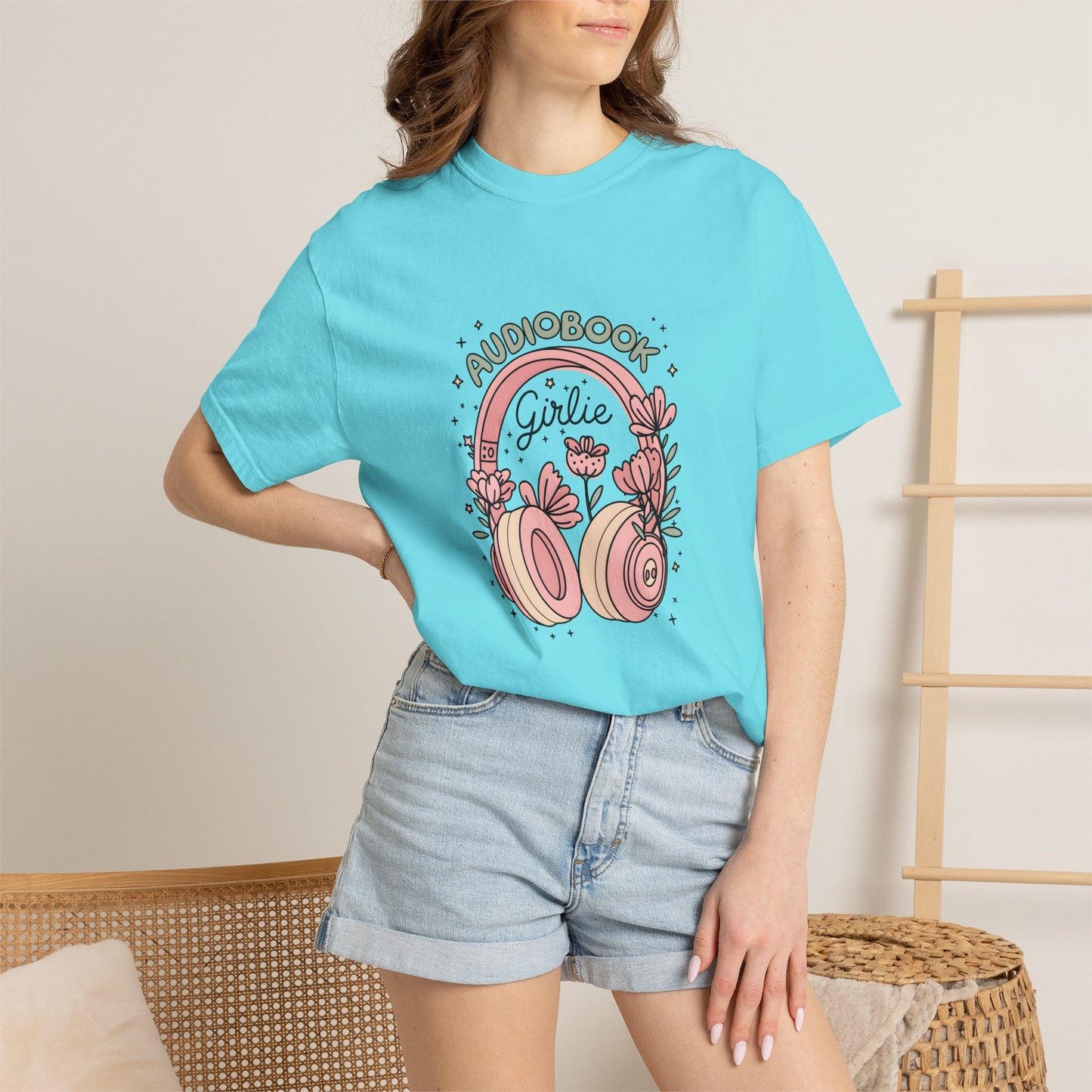 "Audiobook Girlie" T-Shirt — Floral Headphones Graphic Tee