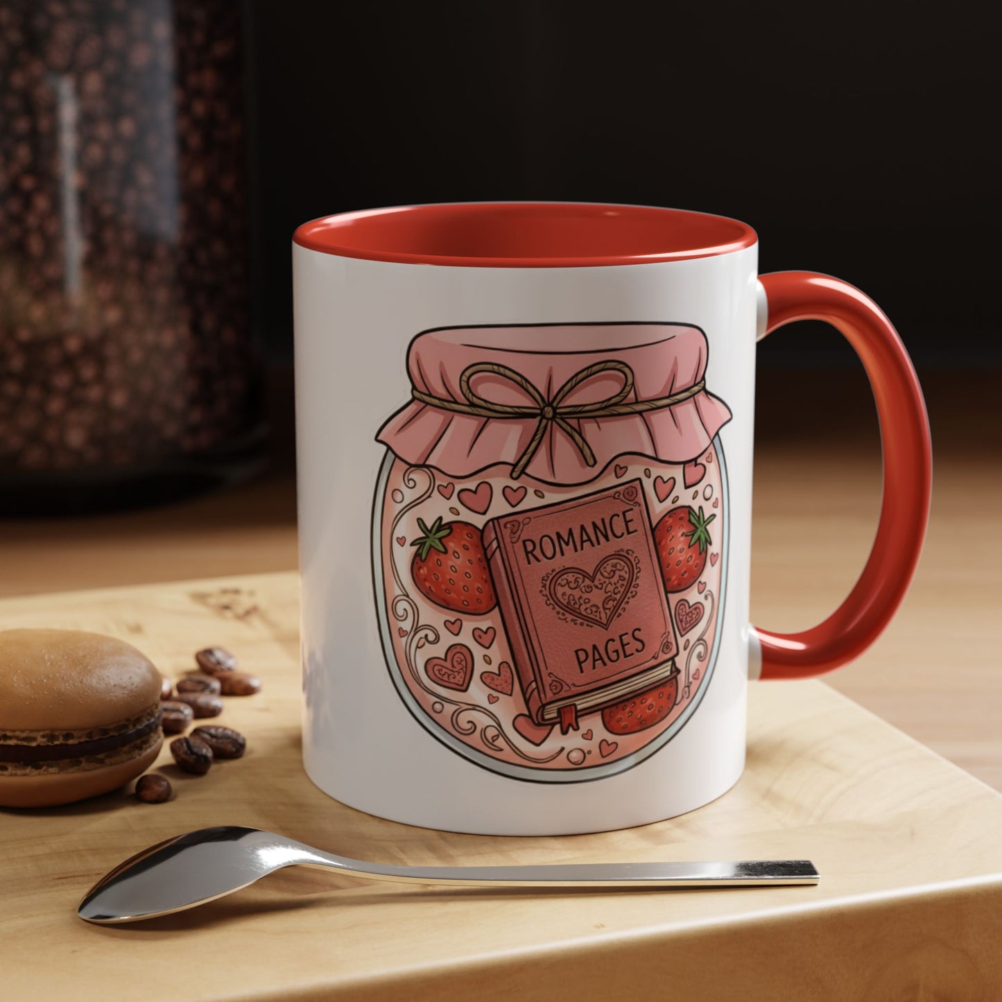 "Romance Pages" Jam Jar Coffee Mug — Cute Strawberry Jam Romance Readers Mug (11/15oz)