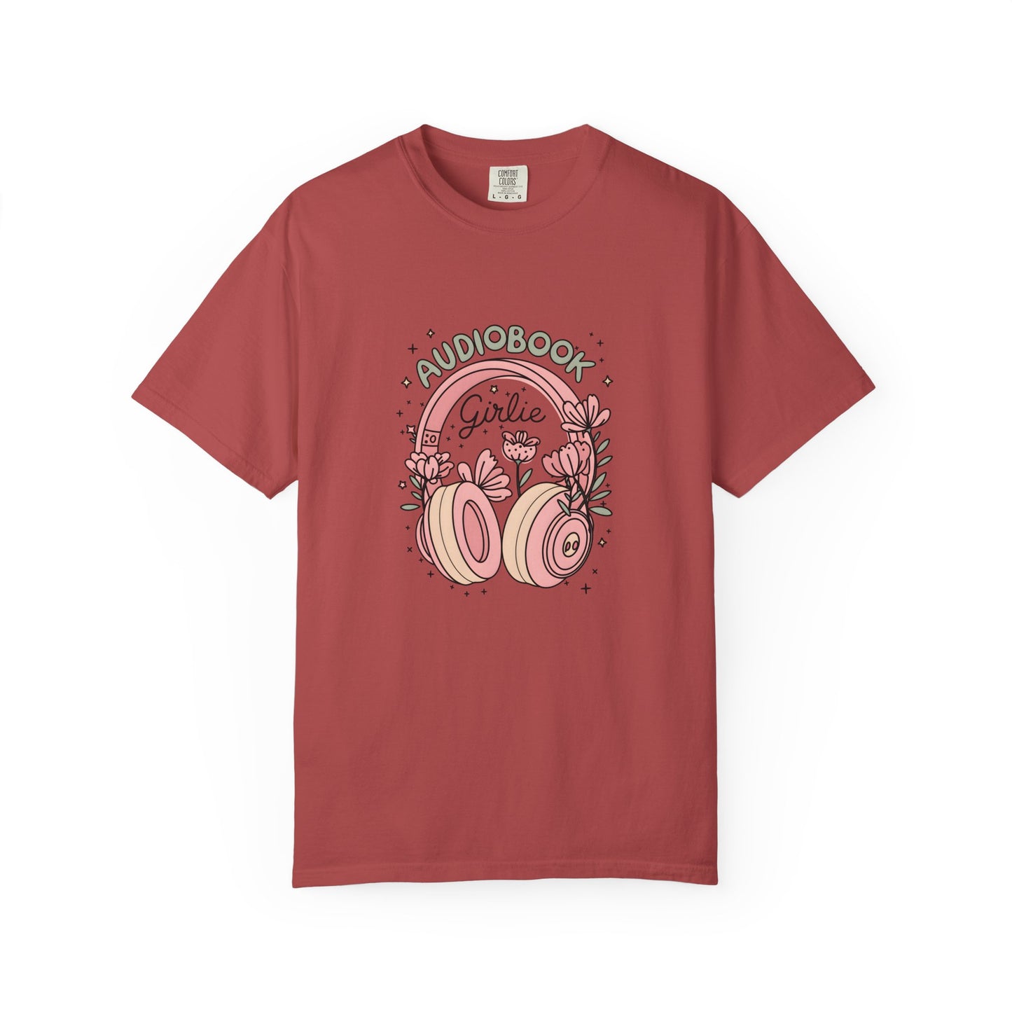 "Audiobook Girlie" T-Shirt — Floral Headphones Graphic Tee