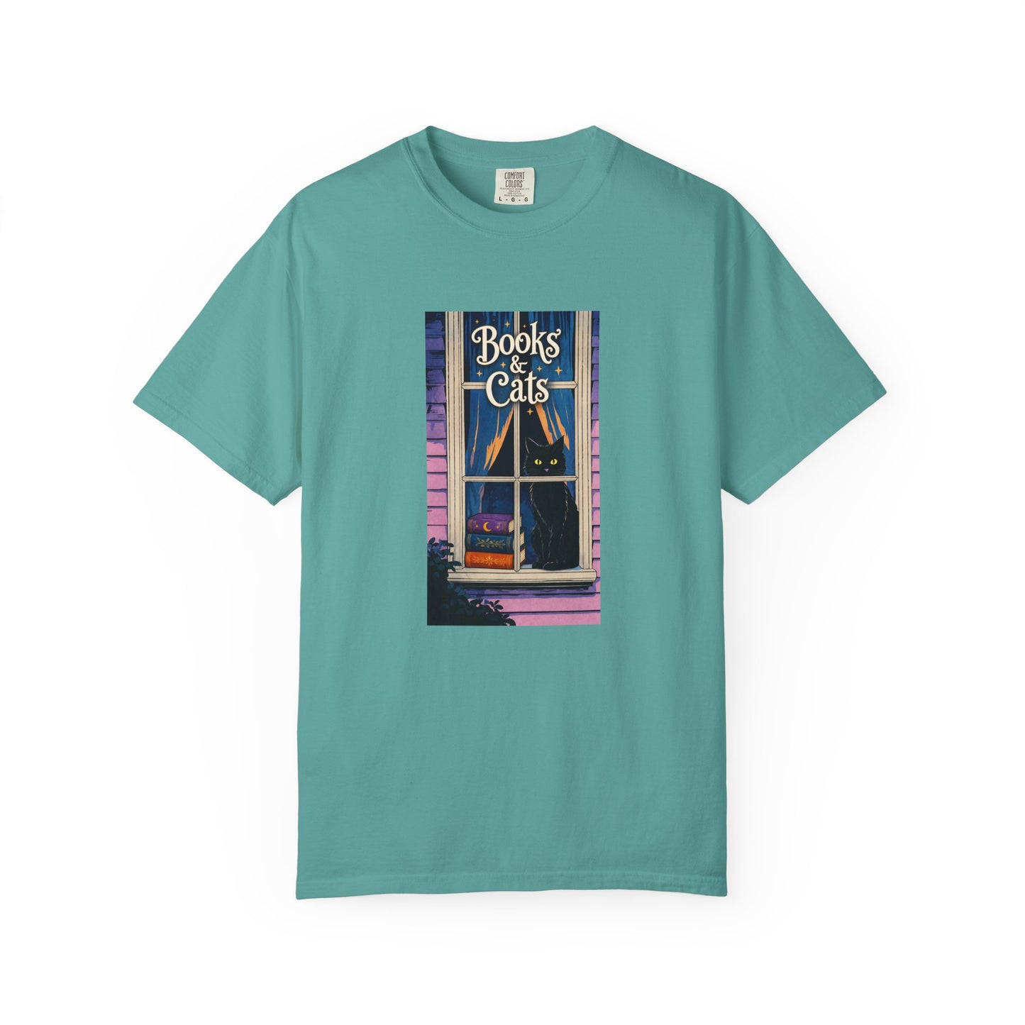 "Books & Cats" T-Shirt — Cozy Bookshop Window Graphic Tee