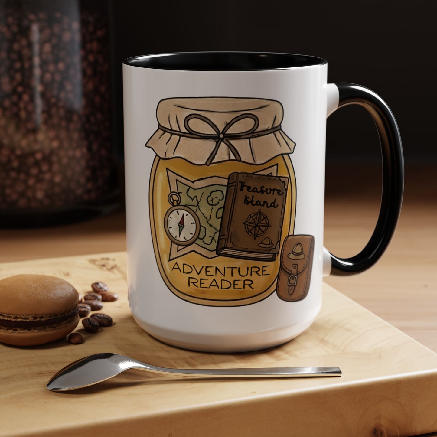 "Adventure Reader" Accent Coffee Mug — Bookish Travel Compass & Treasure Jam Jar Design