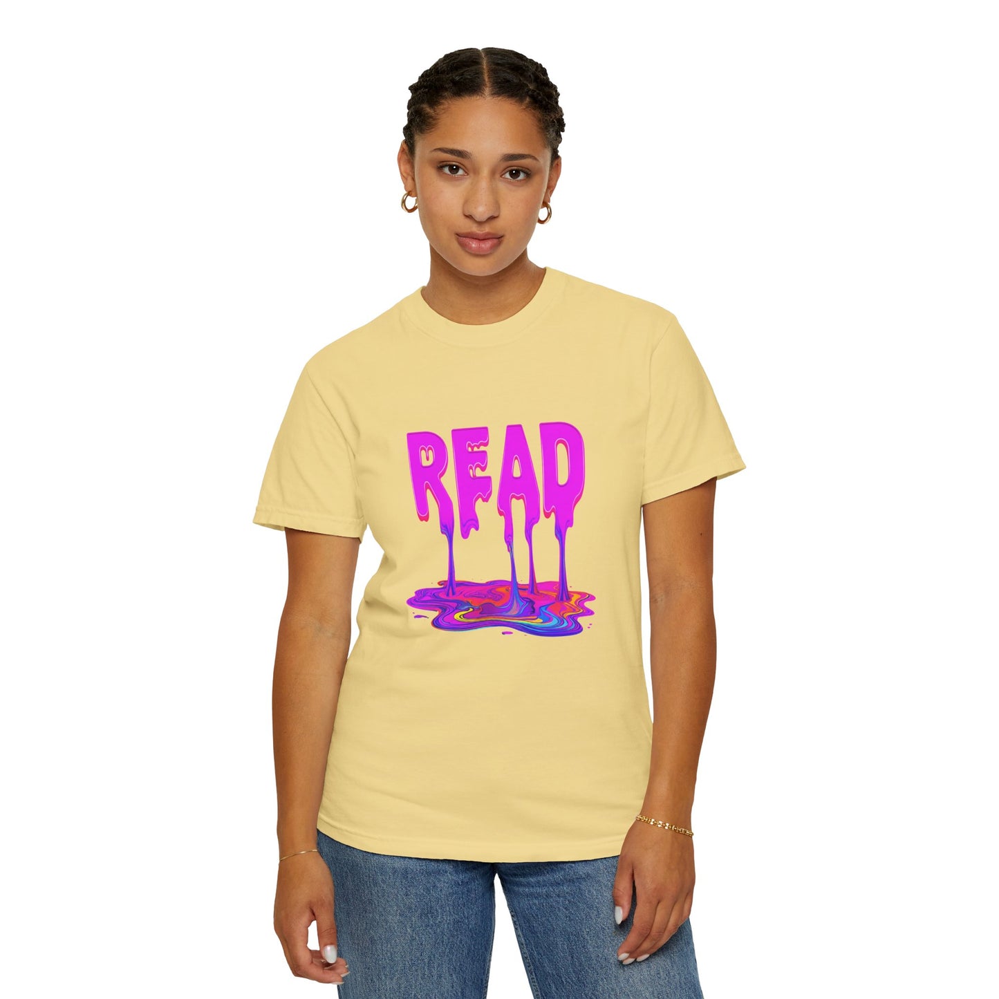 "READ" Dripping Graphic T-Shirt — Psychedelic Melting Book Design