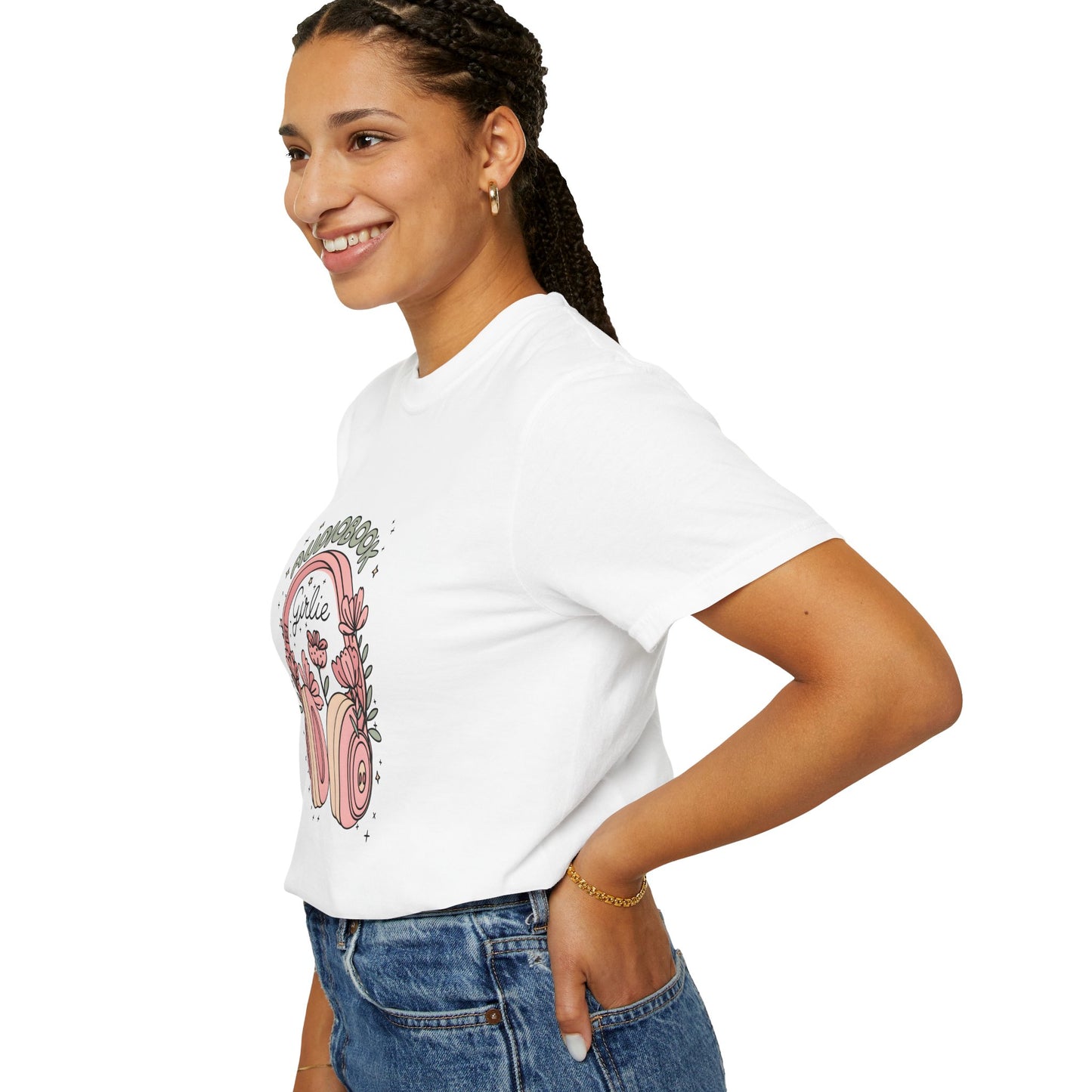 "Audiobook Girlie" T-Shirt — Floral Headphones Graphic Tee