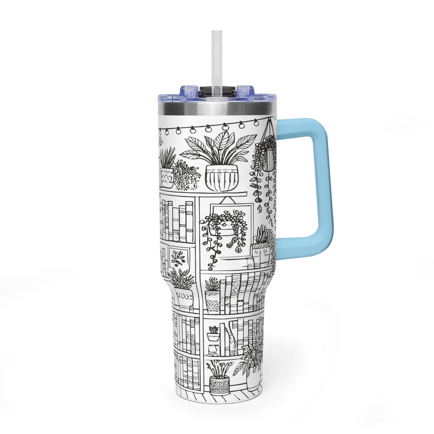 40oz Booklover Vacuum Tumbler – Illustrated Bookshelf Design