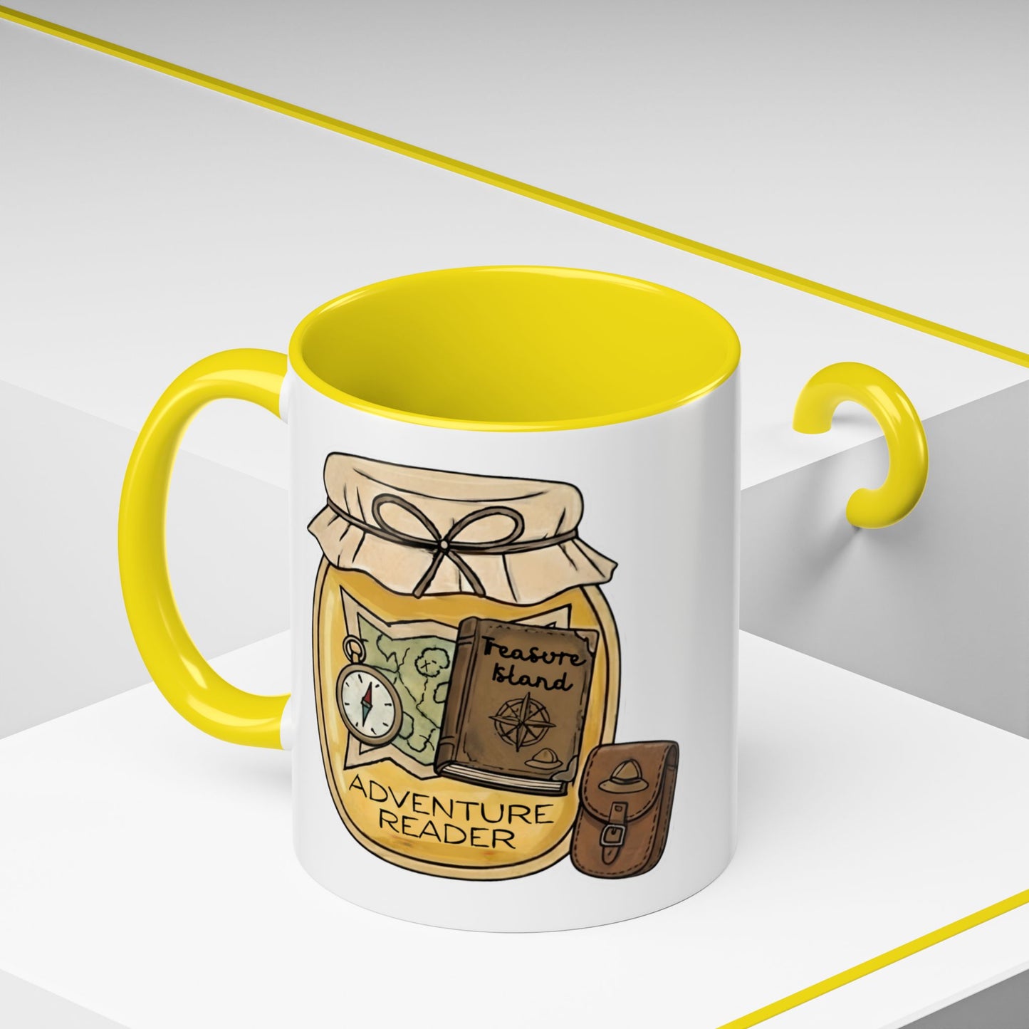 "Adventure Reader" Accent Coffee Mug — Bookish Travel Compass & Treasure Jam Jar Design