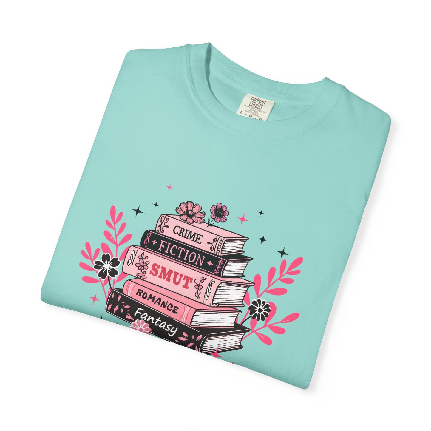Book Stack Graphic T-Shirt — Cute Floral Reading Shirt (Crime, Fiction, Smut, Romance)