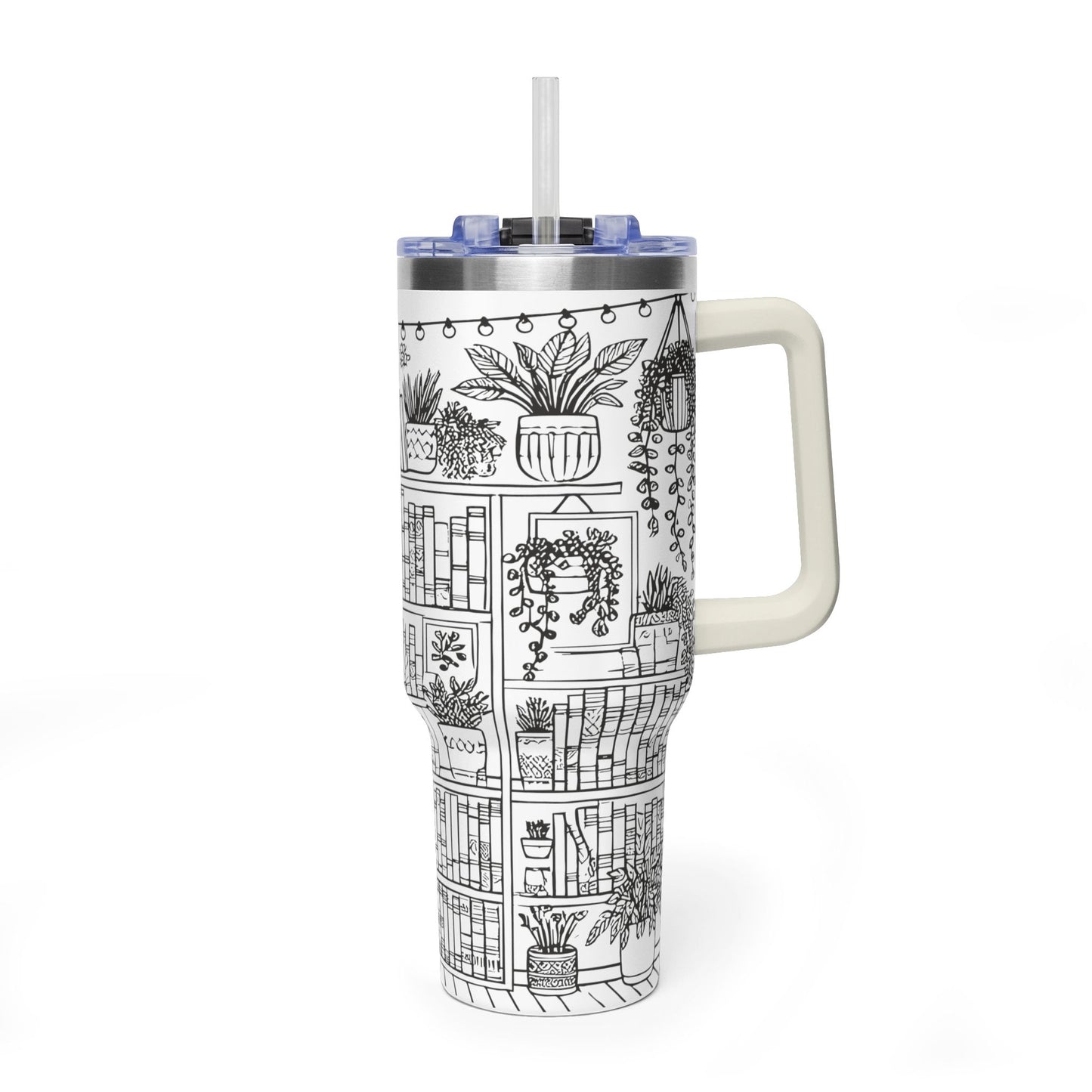 40oz Booklover Vacuum Tumbler – Illustrated Bookshelf Design