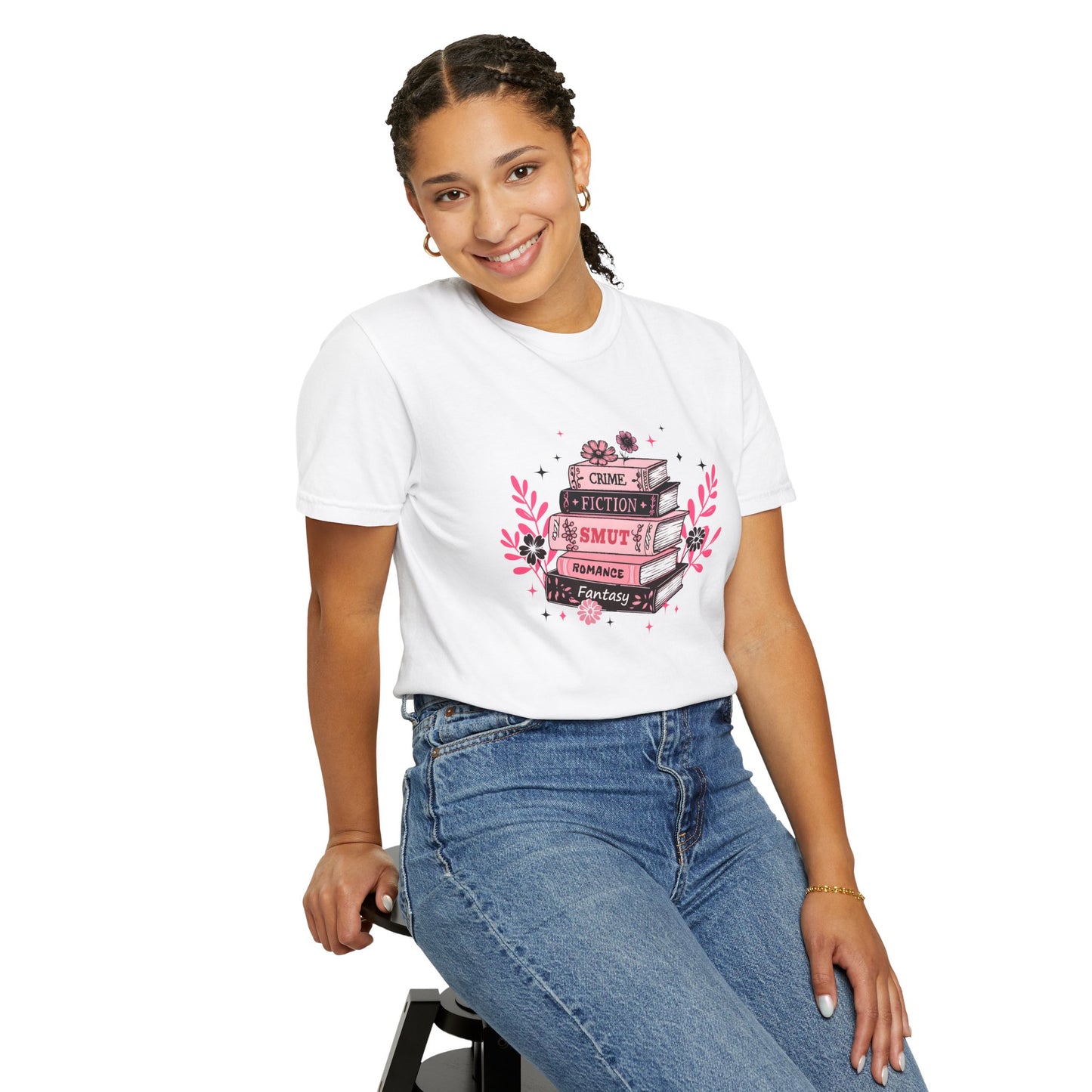 Book Stack Graphic T-Shirt — Cute Floral Reading Shirt (Crime, Fiction, Smut, Romance)
