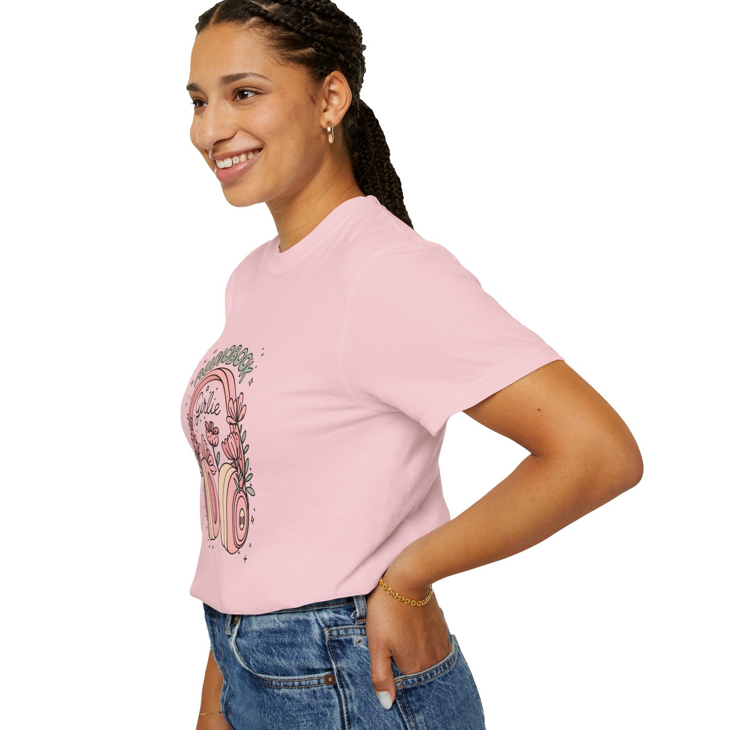 "Audiobook Girlie" T-Shirt — Floral Headphones Graphic Tee