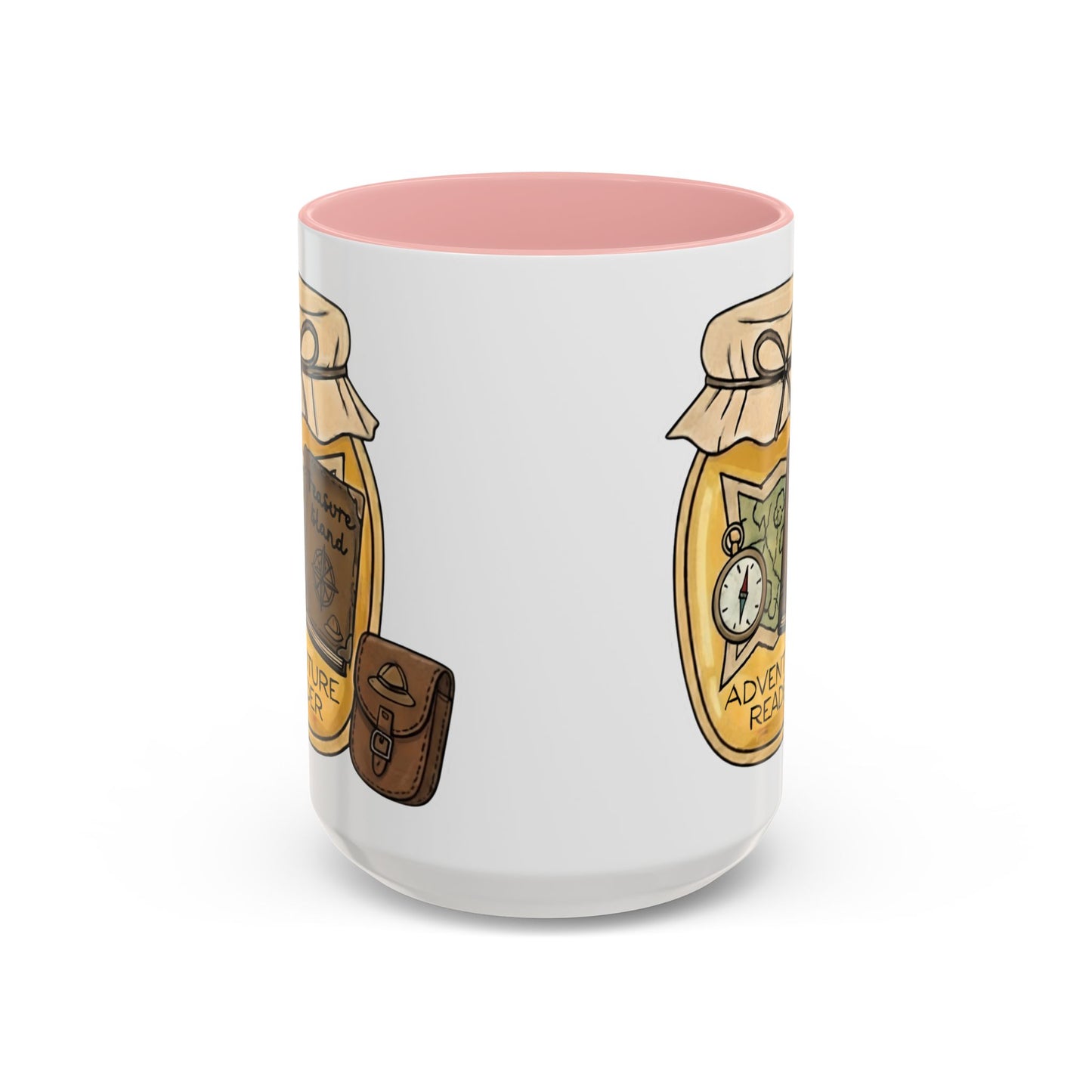 "Adventure Reader" Accent Coffee Mug — Bookish Travel Compass & Treasure Jam Jar Design