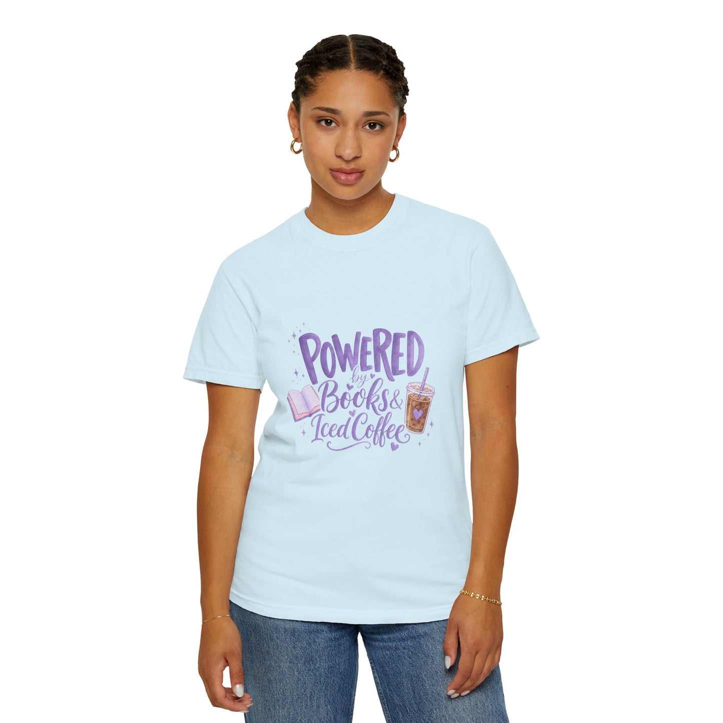 Book Lover T‑Shirt — "Powered by Books & Iced Coffee" Graphic Tee