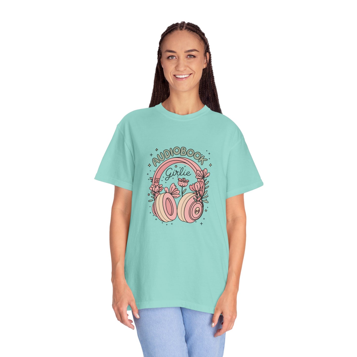 "Audiobook Girlie" T-Shirt — Floral Headphones Graphic Tee