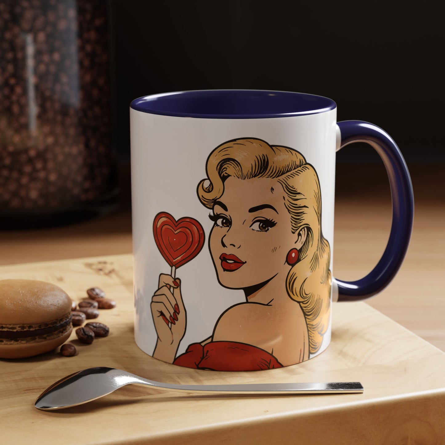 Retro Pin-Up Coffee Mug — Vintage Pop Art Woman with Heart Lollipop (11oz)