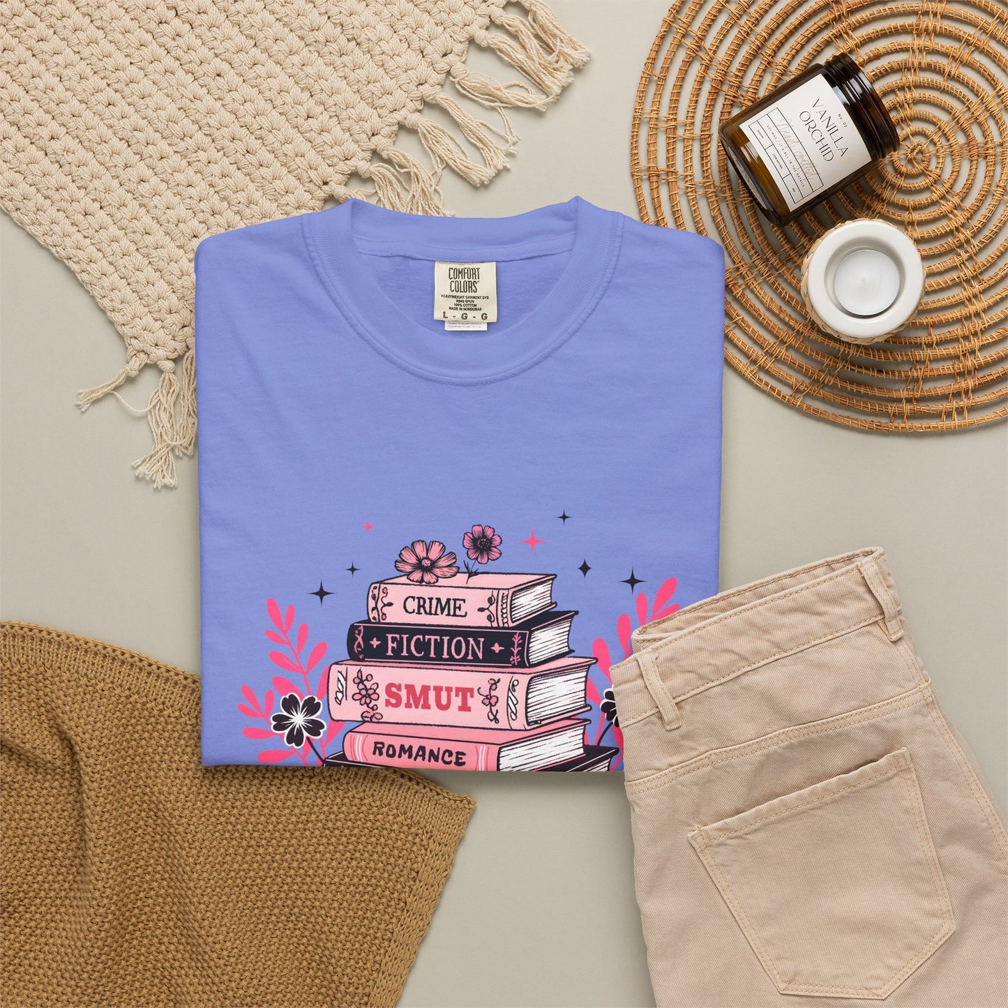 Book Stack Graphic T-Shirt — Cute Floral Reading Shirt (Crime, Fiction, Smut, Romance)