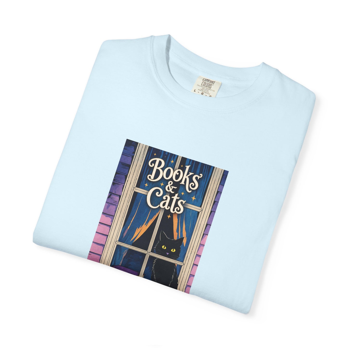 "Books & Cats" T-Shirt — Cozy Bookshop Window Graphic Tee