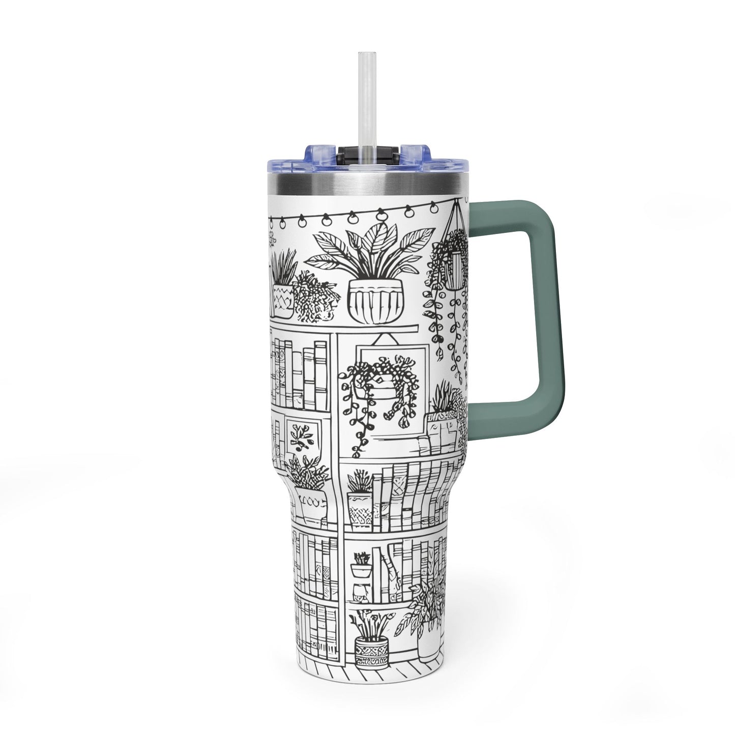 40oz Booklover Vacuum Tumbler – Illustrated Bookshelf Design