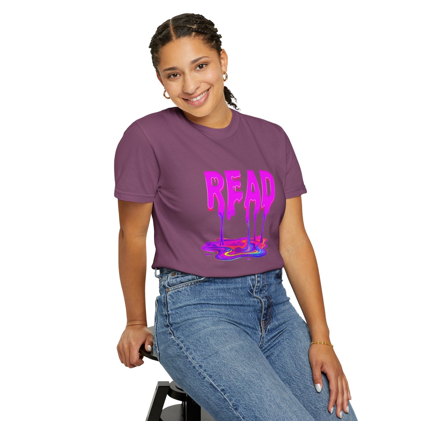 "READ" Dripping Graphic T-Shirt — Psychedelic Melting Book Design