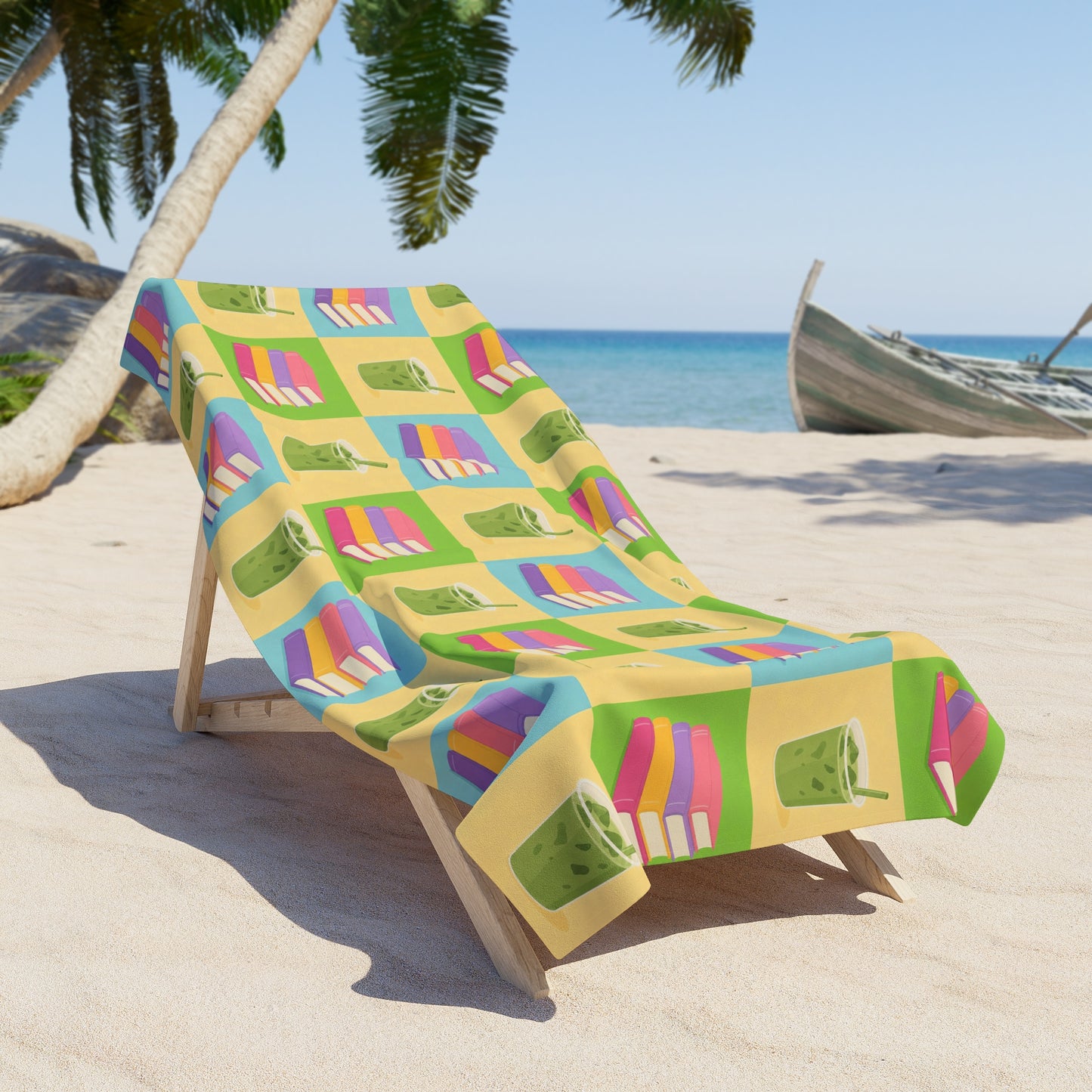 Beach Towel — Colourful Summer Books & Iced Matcha Pattern