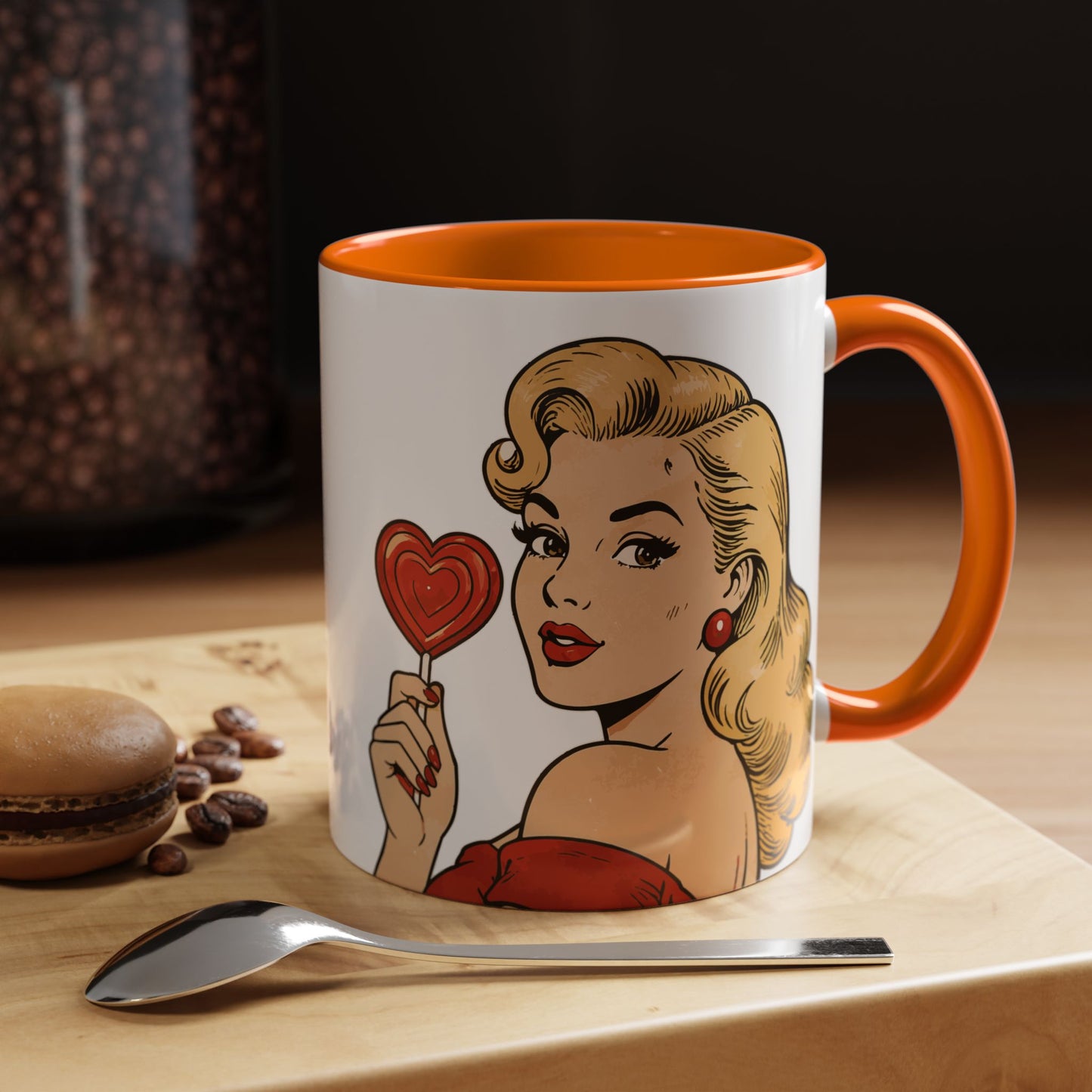 Retro Pin-Up Coffee Mug — Vintage Pop Art Woman with Heart Lollipop (11oz)