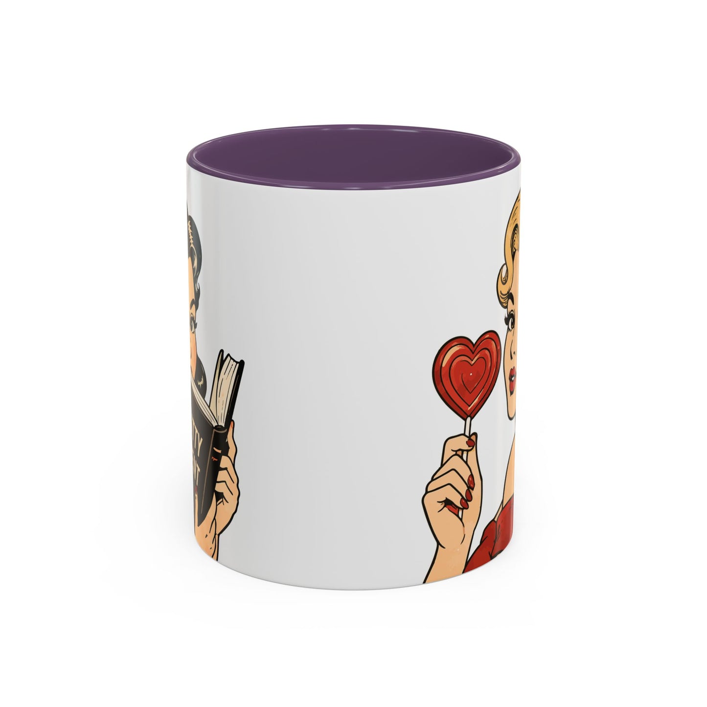 Retro Pin-Up Coffee Mug — Vintage Pop Art Woman with Heart Lollipop (11oz)