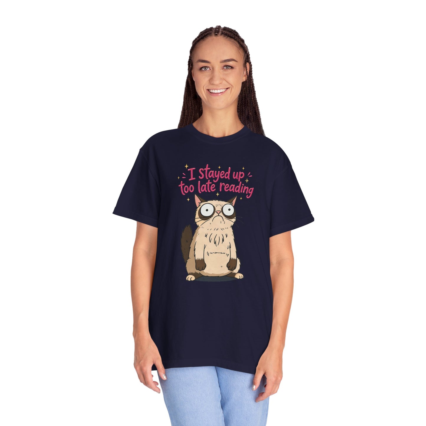 "I Stayed Up Too Late Reading" Cat T-Shirt — Cute Book Lover Graphic Tee