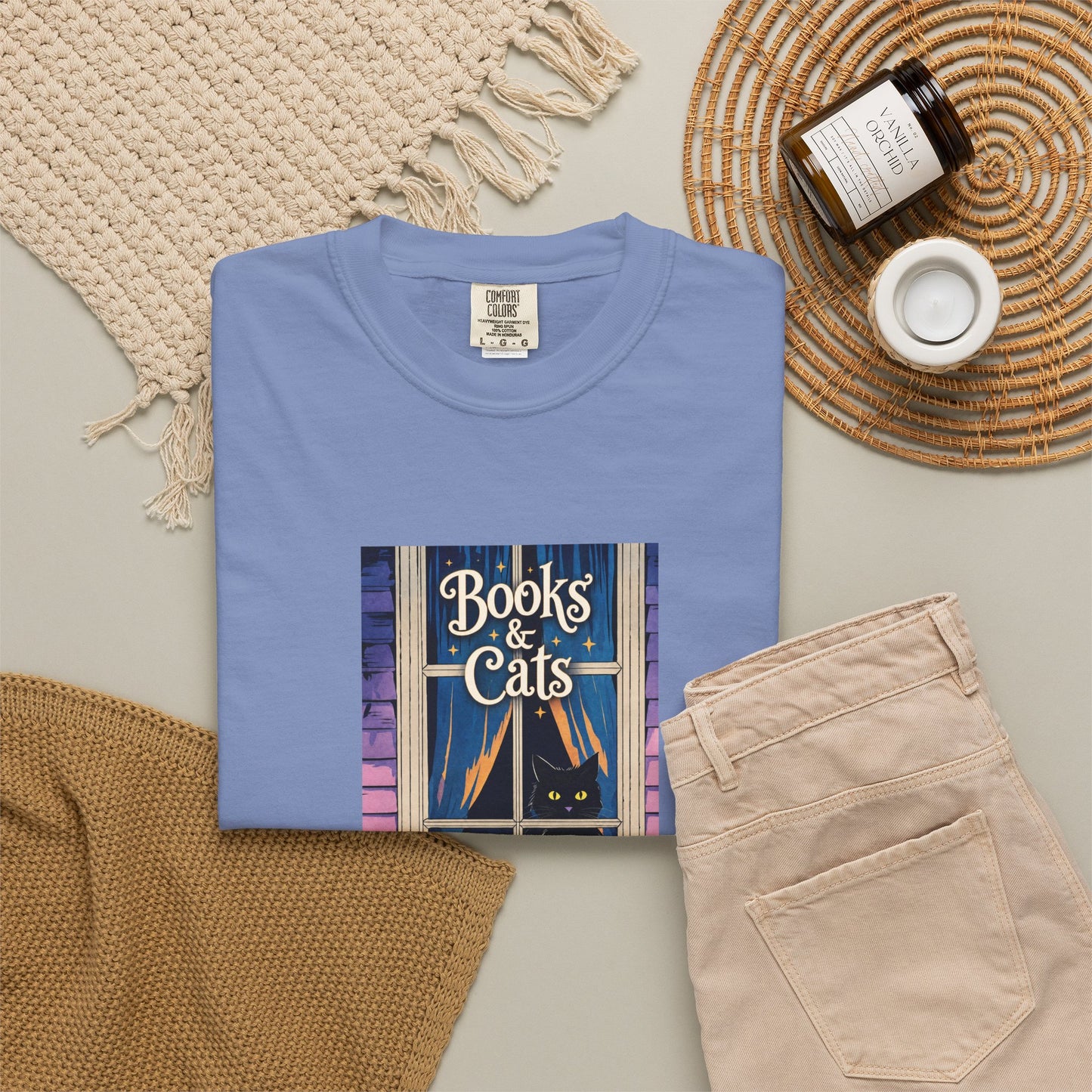"Books & Cats" T-Shirt — Cozy Bookshop Window Graphic Tee