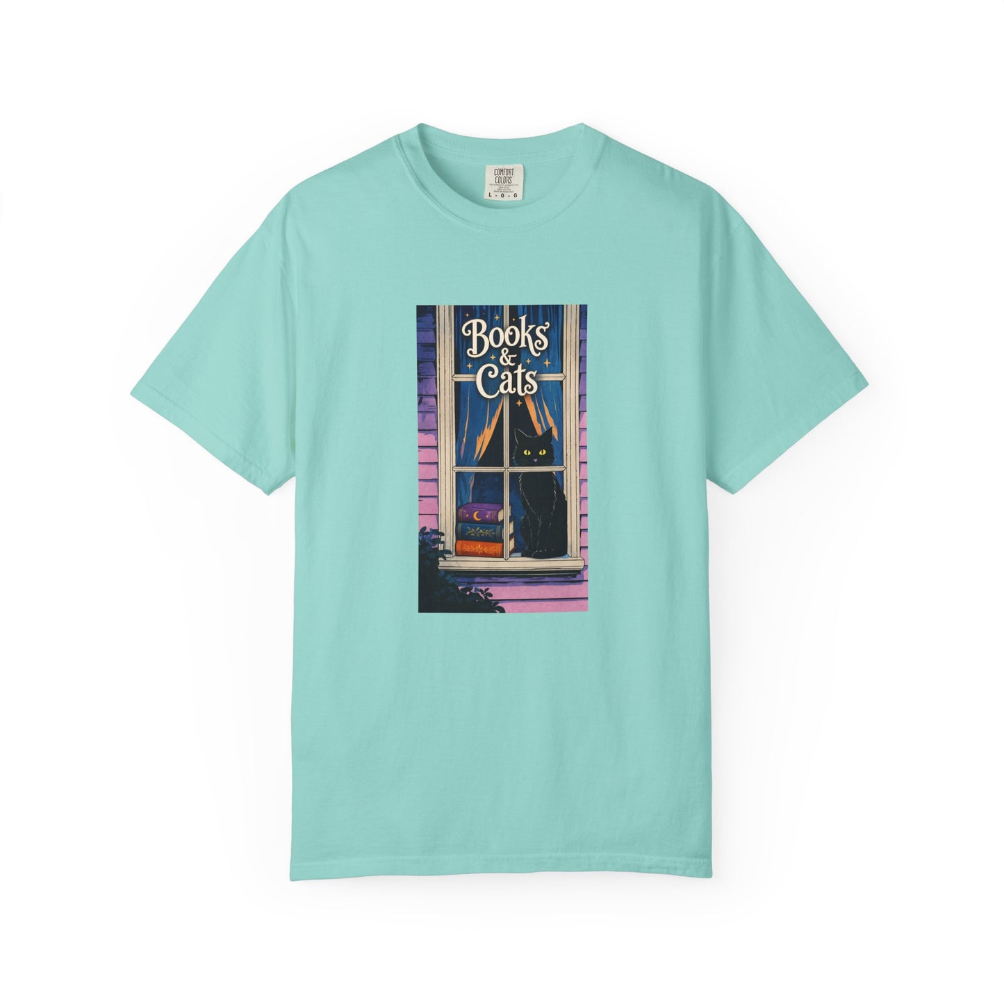 "Books & Cats" T-Shirt — Cozy Bookshop Window Graphic Tee