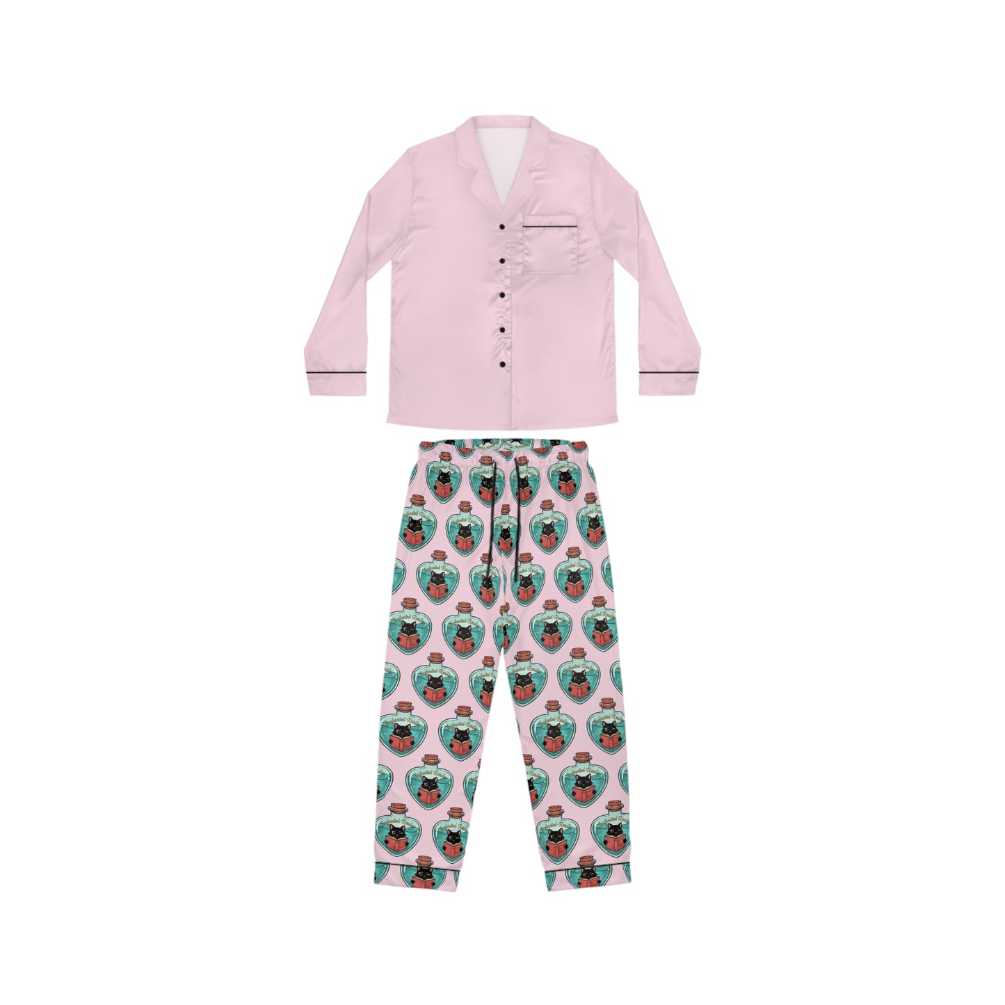 Women's Satin Pajama Set — Pink Sleep Top with Custom All-Over Patterned Pants (Cute Face Print)