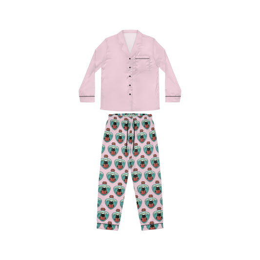 Women's Satin Pajama Set — Pink Sleep Top with Custom All-Over Patterned Pants (Cute Face Print)