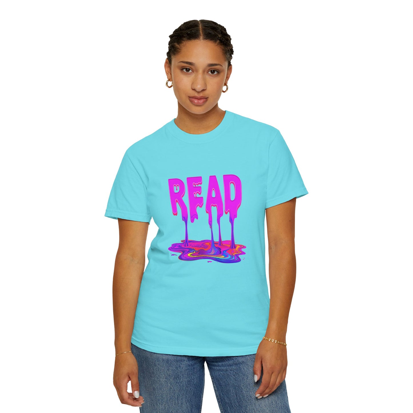 "READ" Dripping Graphic T-Shirt — Psychedelic Melting Book Design