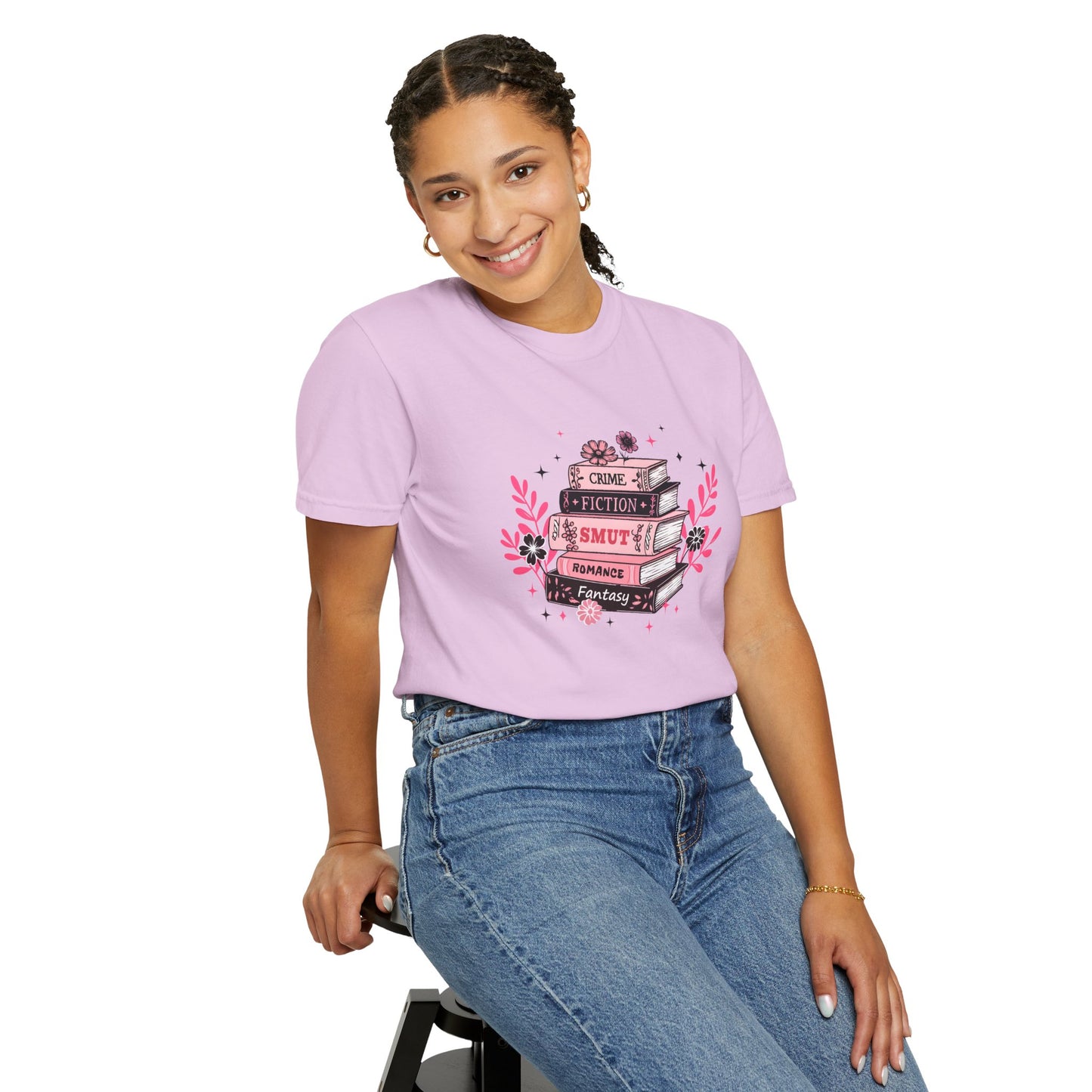 Book Stack Graphic T-Shirt — Cute Floral Reading Shirt (Crime, Fiction, Smut, Romance)