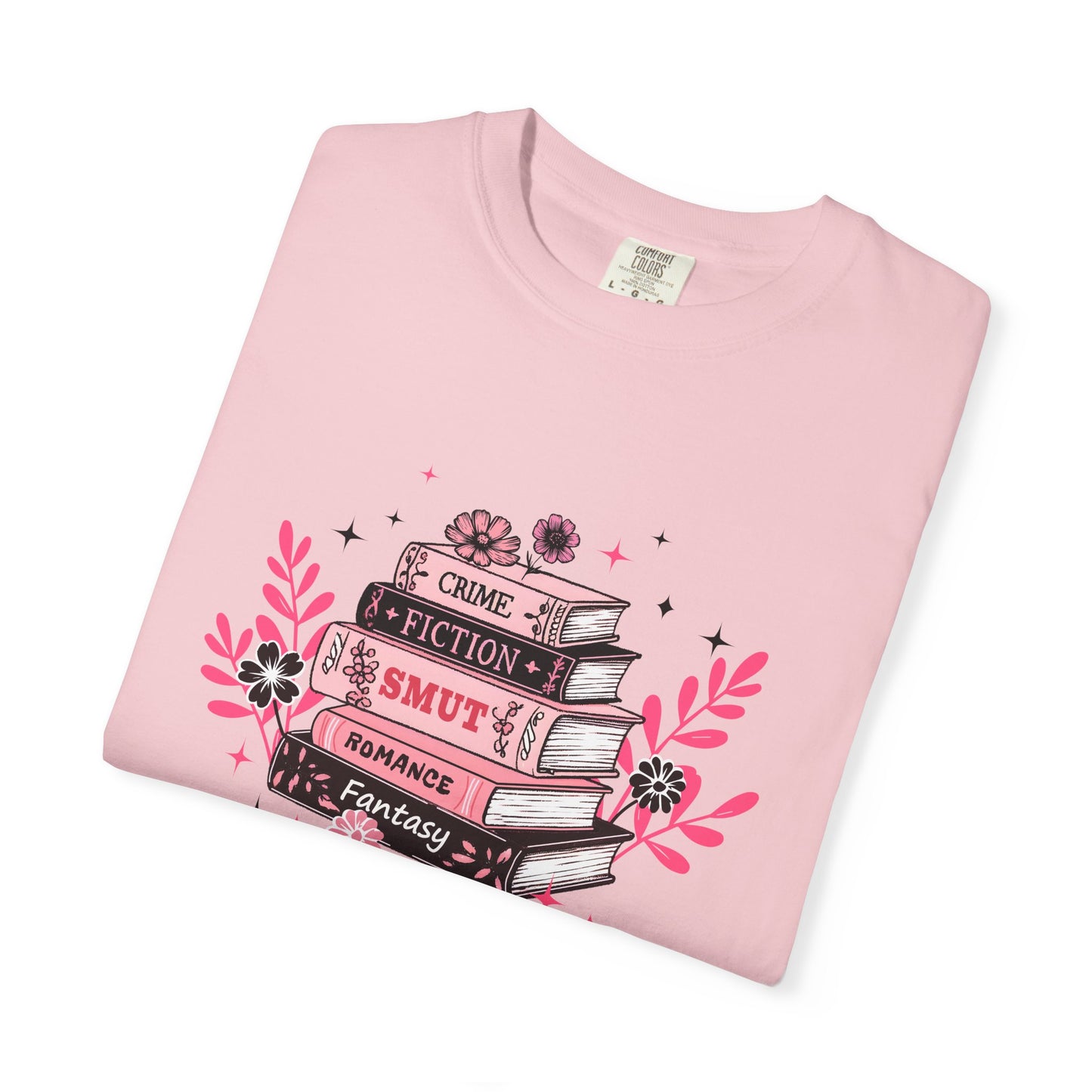 Book Stack Graphic T-Shirt — Cute Floral Reading Shirt (Crime, Fiction, Smut, Romance)