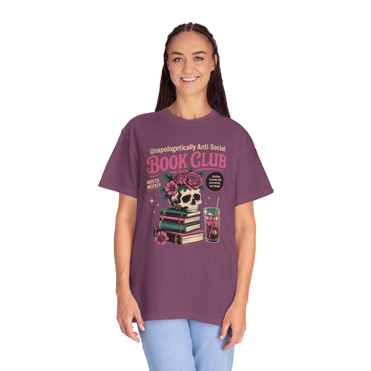 "Unapologetically Anti-Social Book Club" T-Shirt — Skull & Books Graphic Tee for Avid Readers
