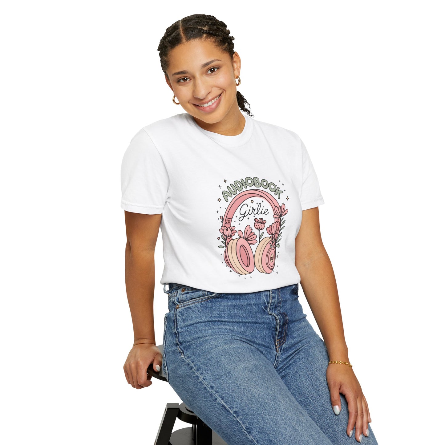 "Audiobook Girlie" T-Shirt — Floral Headphones Graphic Tee