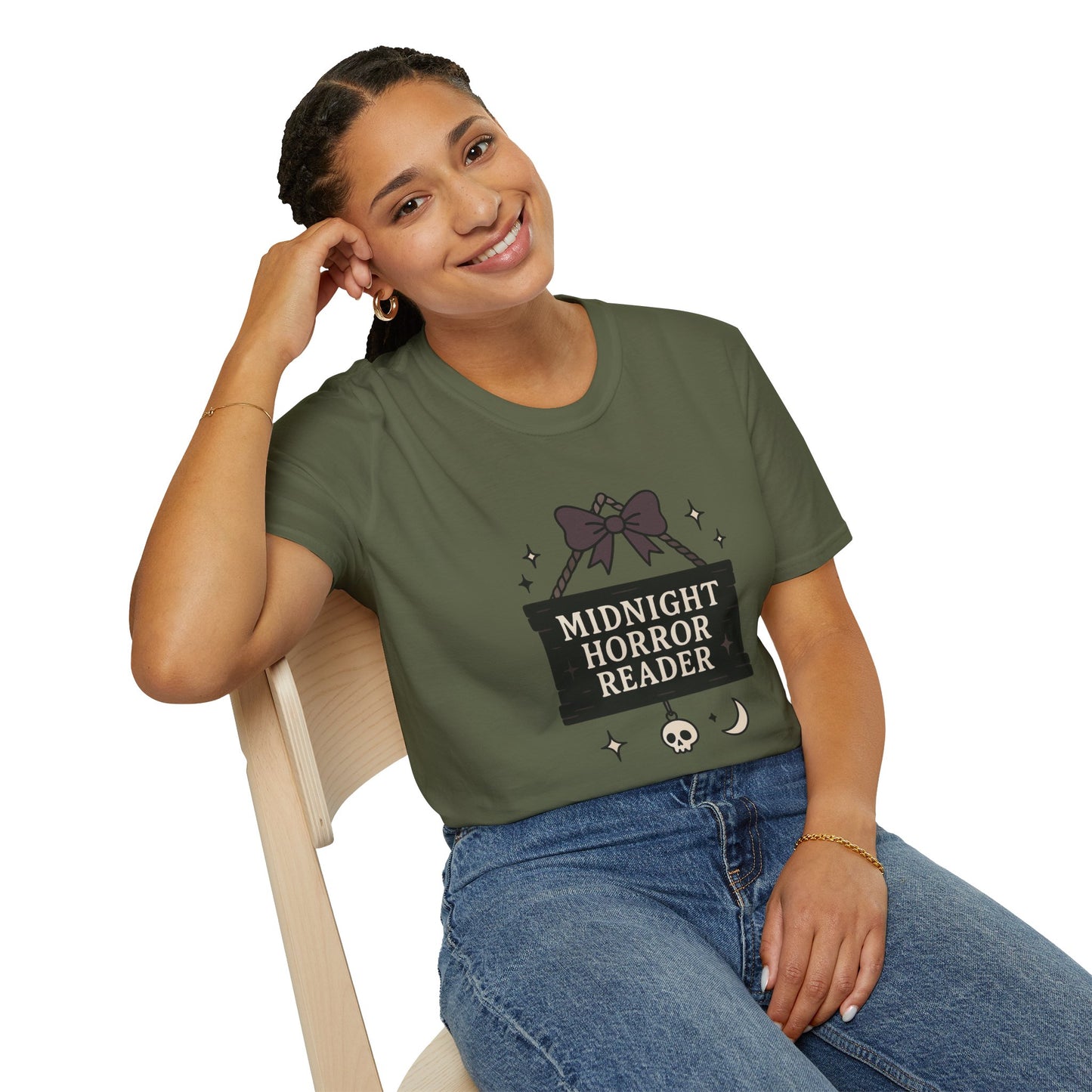 Lightweight Fabric - "Midnight Horror Reader" T-Shirt — Spooky Book Lover Graphic Tee