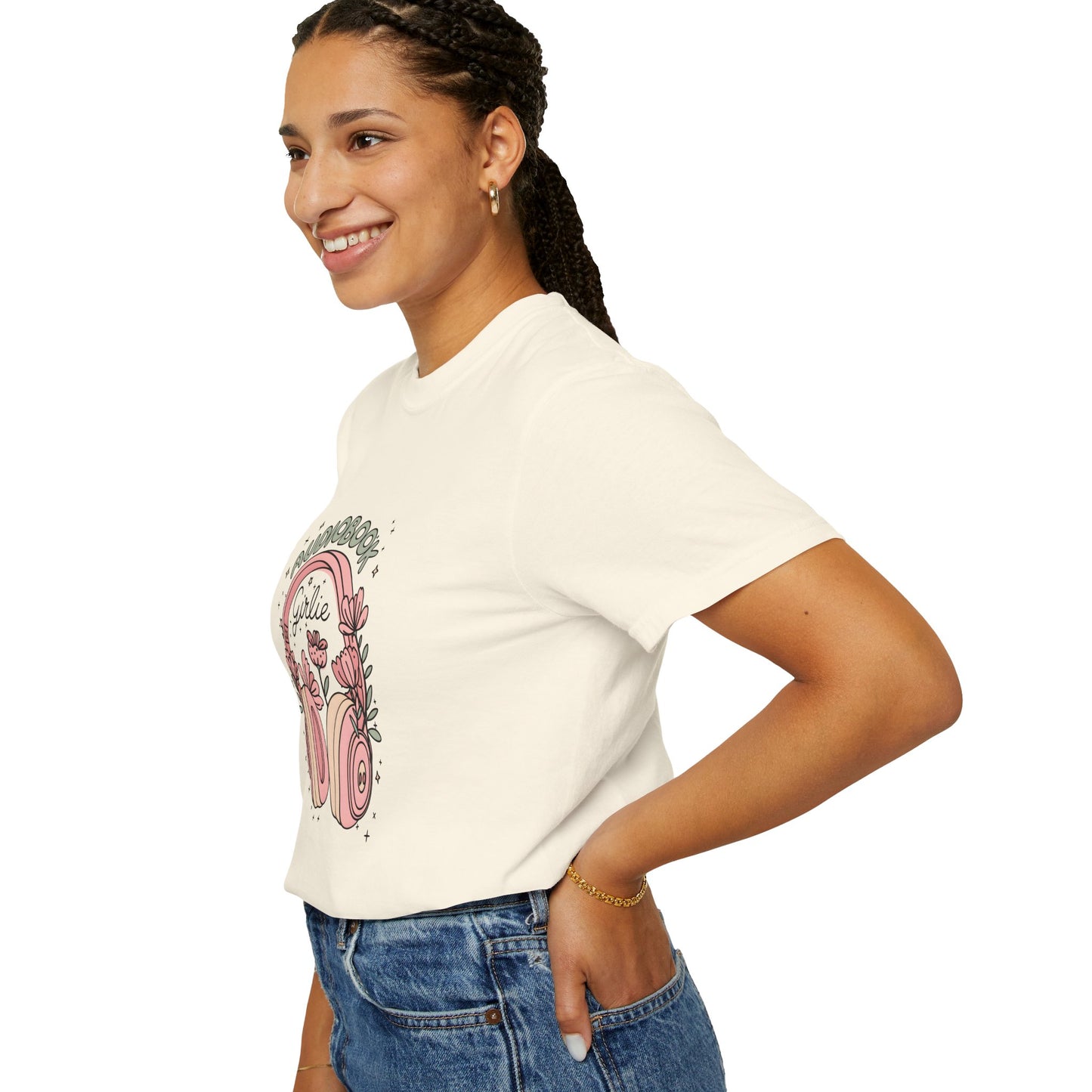 "Audiobook Girlie" T-Shirt — Floral Headphones Graphic Tee