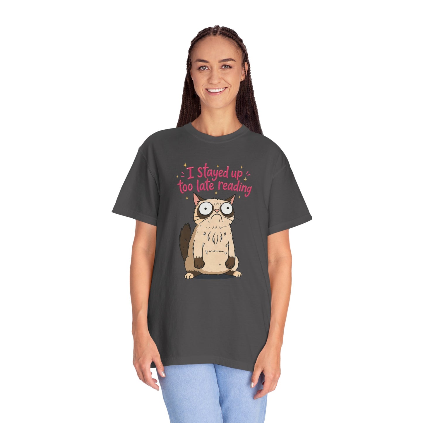 "I Stayed Up Too Late Reading" Cat T-Shirt — Cute Book Lover Graphic Tee