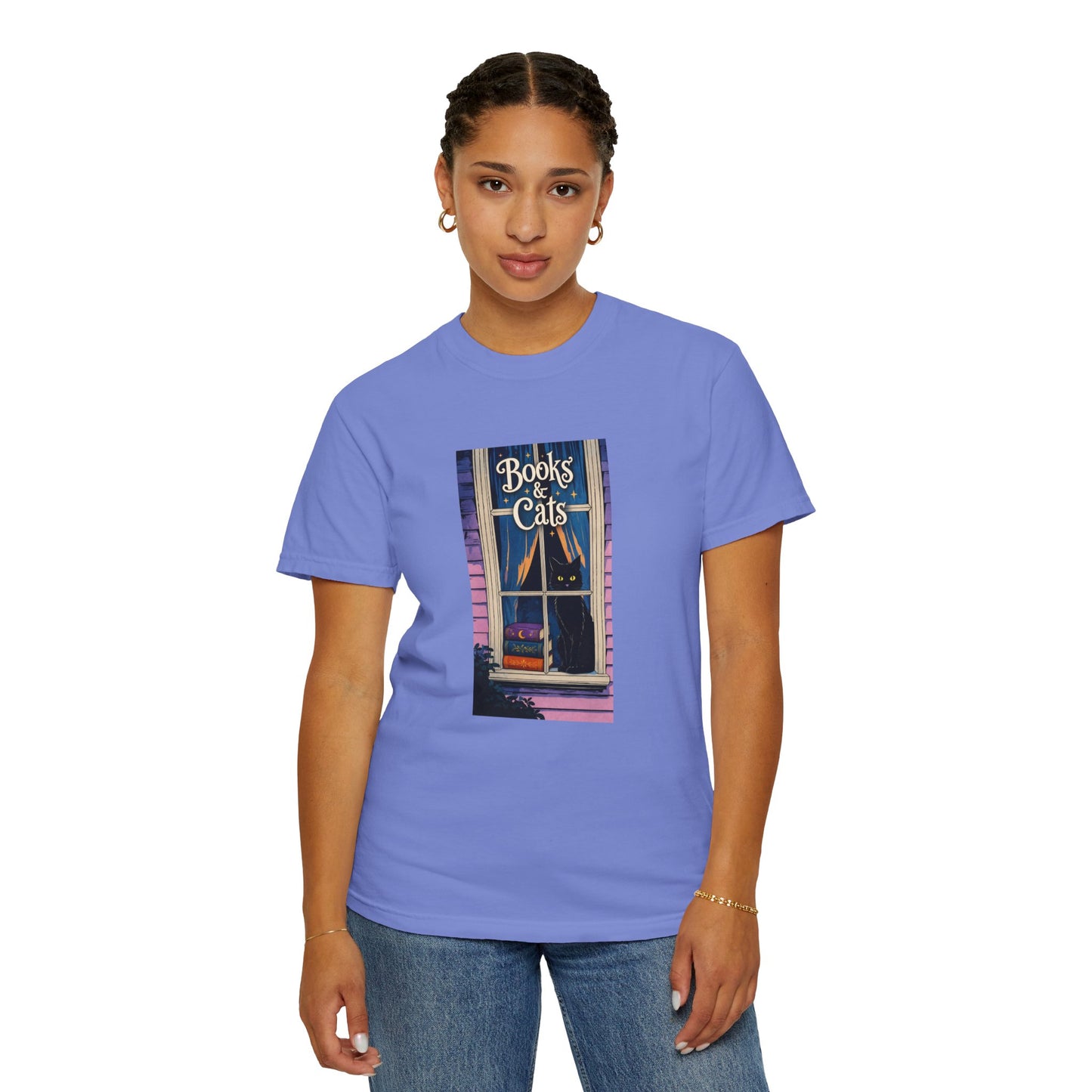 "Books & Cats" T-Shirt — Cozy Bookshop Window Graphic Tee